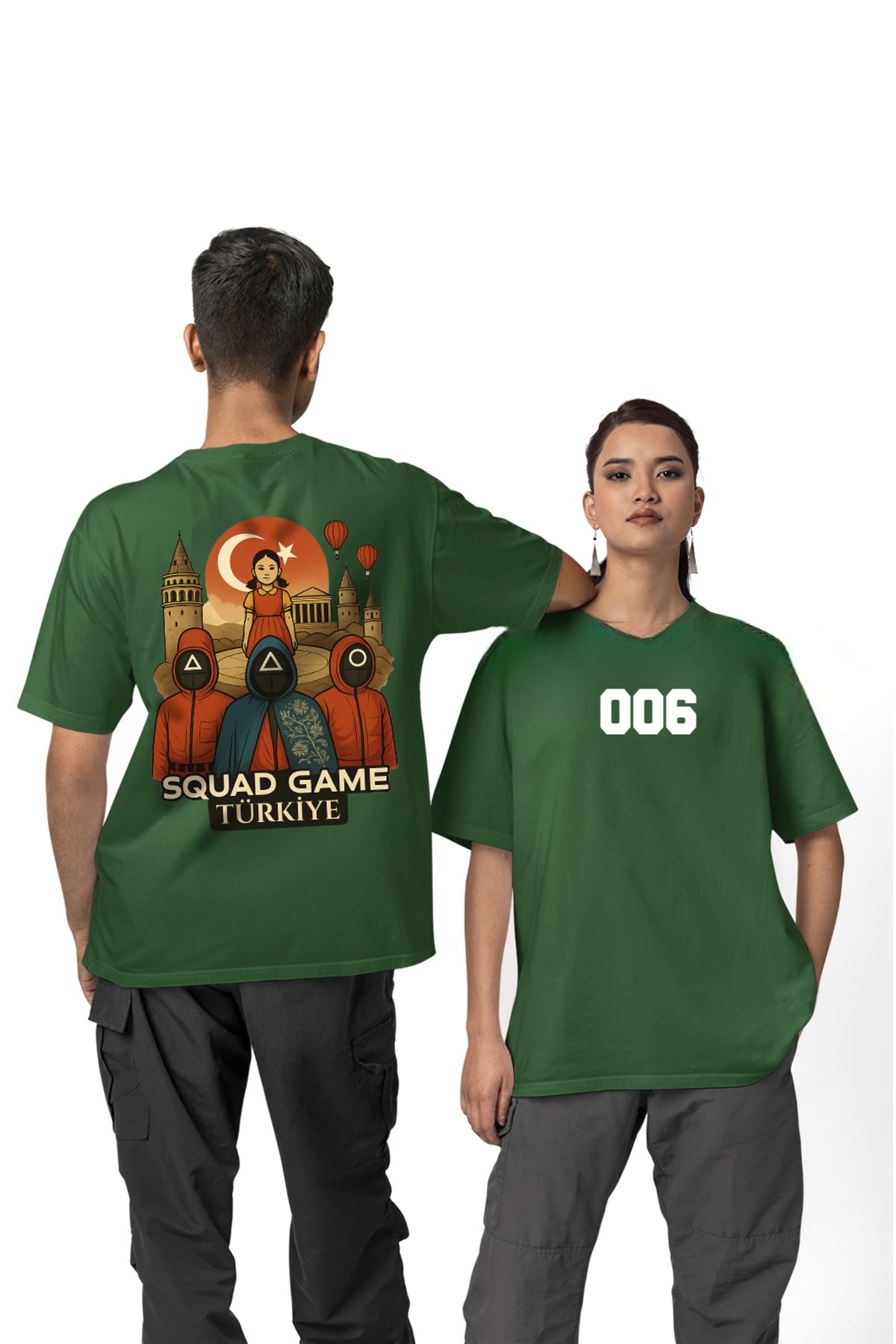 swOzz Yeşil Oversize Unisex Tişört – Squad Game Türkiye Tasarımı | 006 Numaralı Sırt Baskılı Özel Model