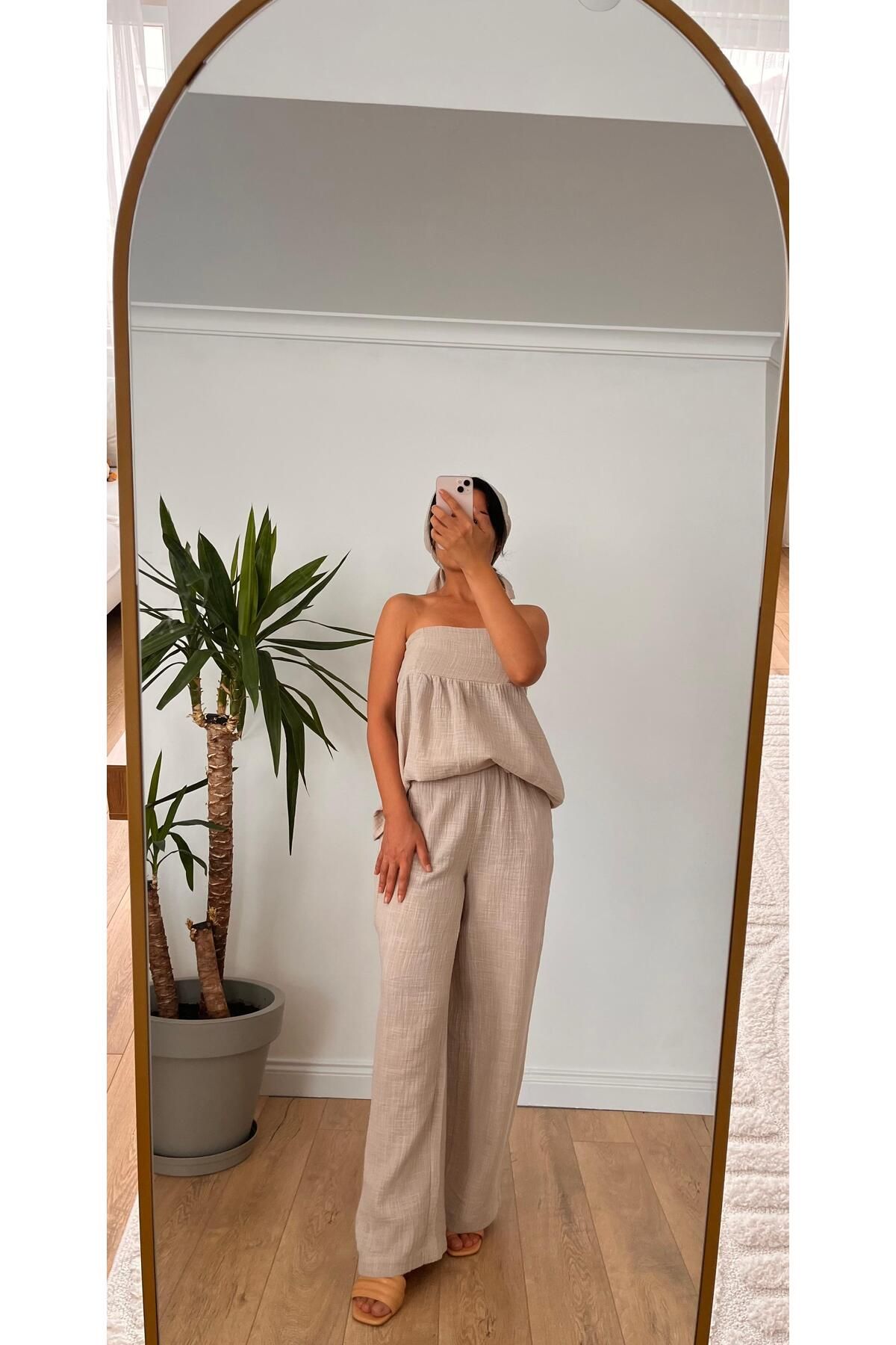 Bronze Butik Taş Keten Müslin Bandanalı Takım