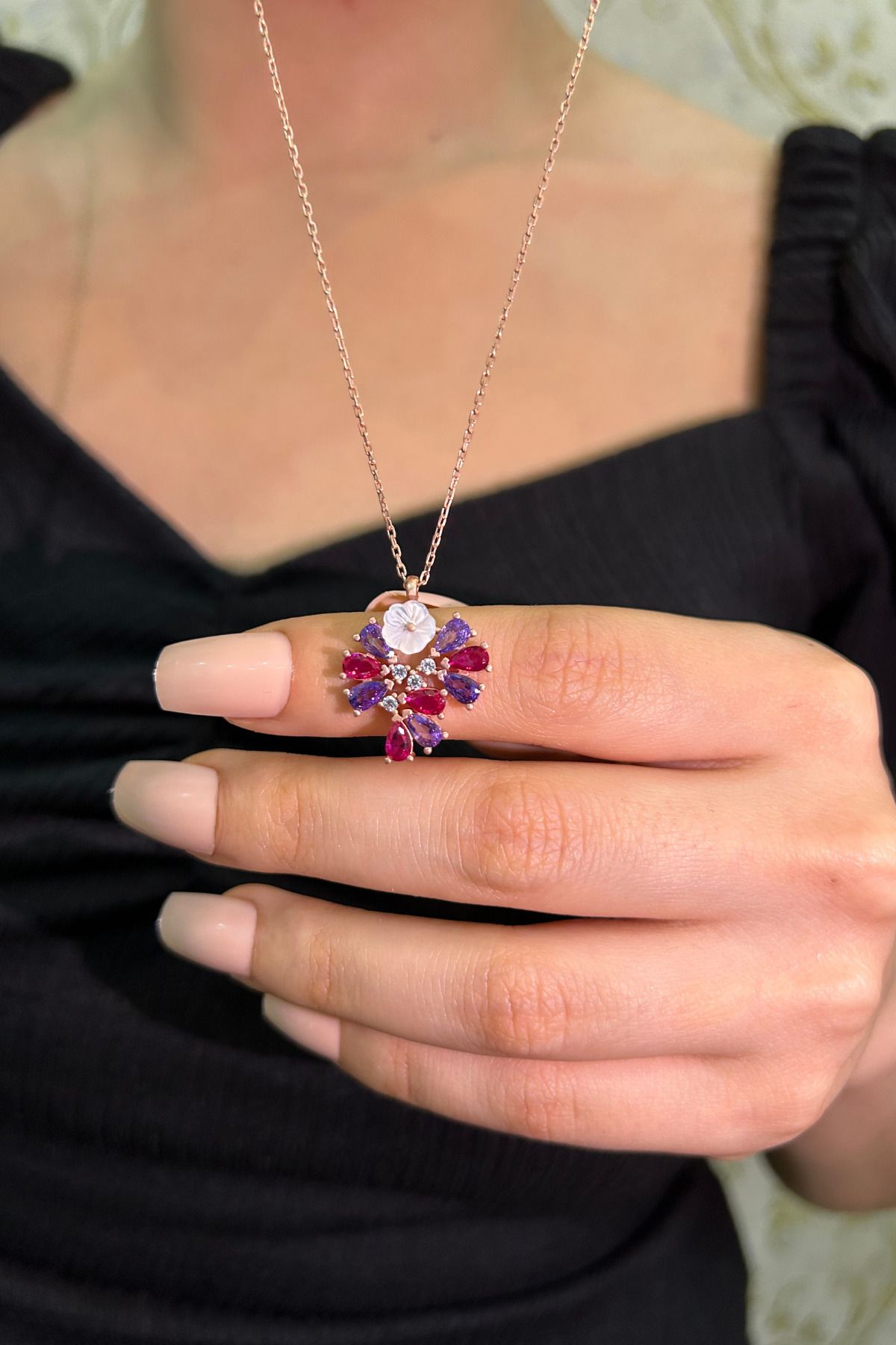 ASLANA 925 Ayar Gümüş Rose Mor Ve Ötesi Kolye