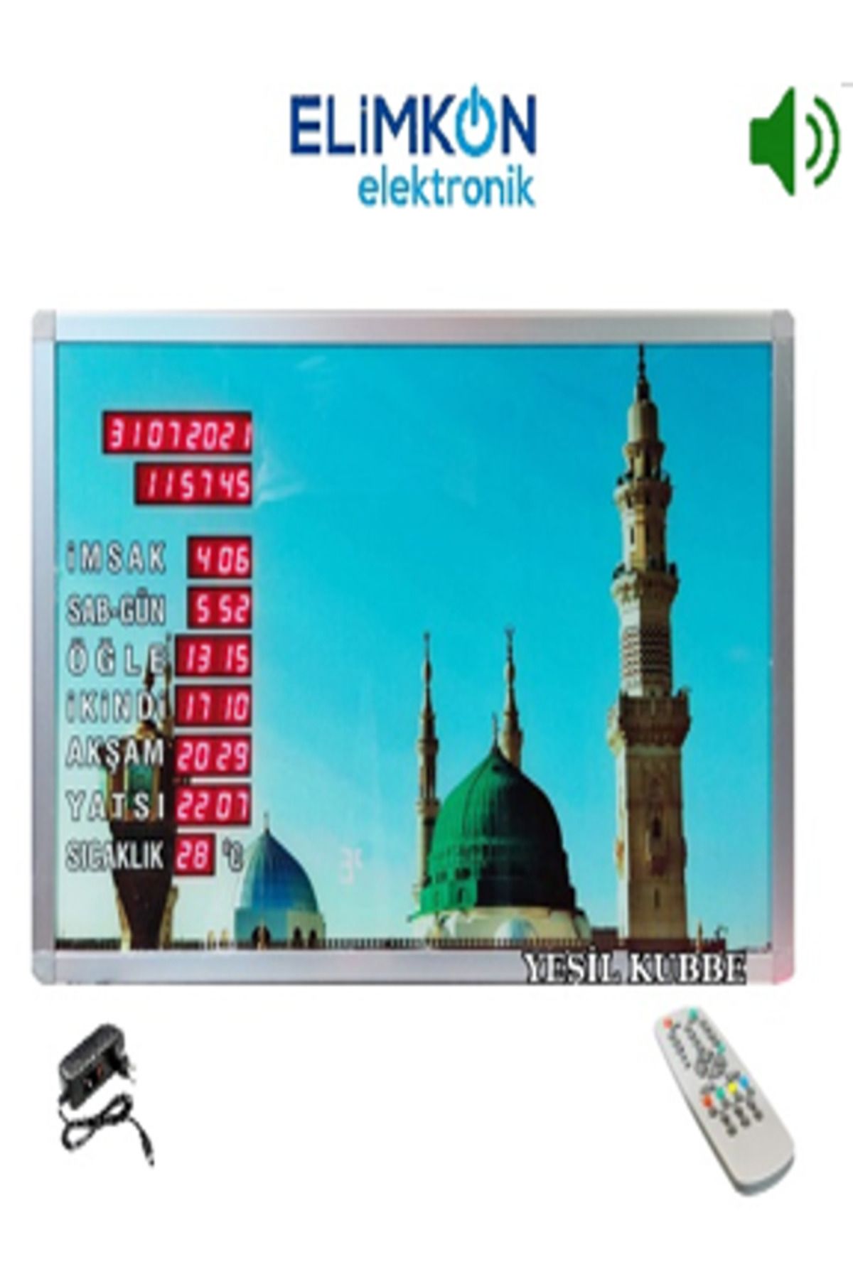 Elimkon VAKİTMATİK DİJİTAL İMSAKİYE DİJİTAL BASKILI KUMANDALI EZANLI SAAT YEŞİL KUBBE