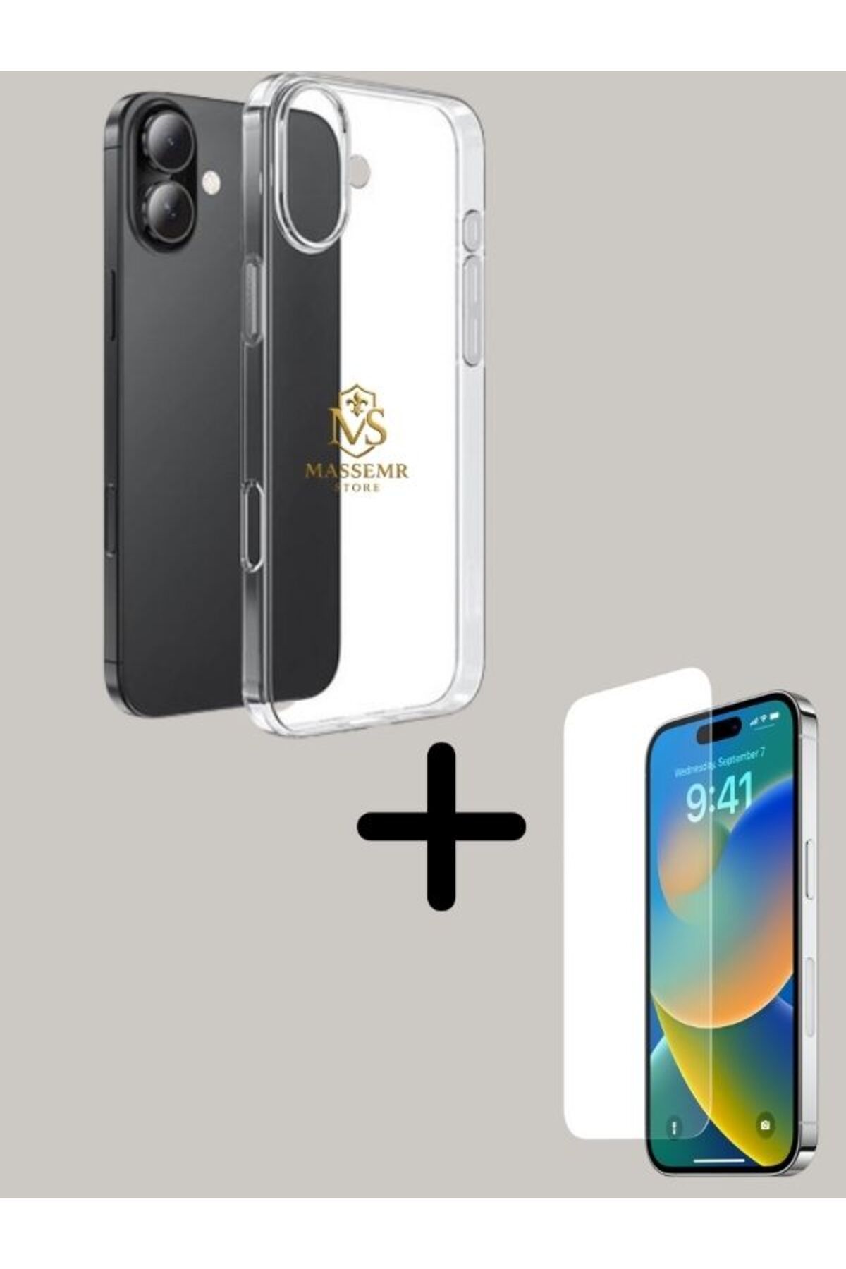 Massemr iPhone 16 PLUS Uyumlu Şok Emici Şeffaf Kılıf + HD 9H Cam Ekran Koruyucu – Tam Koruma Seti