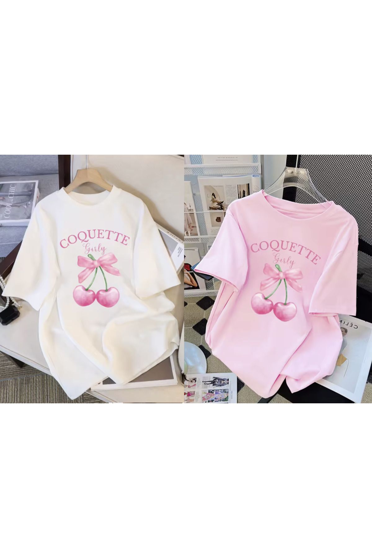 LG LAGULER VESTITI COQUETTE KİRAZ BASKILI BEYAZ VE PEMBE YAZLIK OVERSİZE PENYE TİŞÖRT