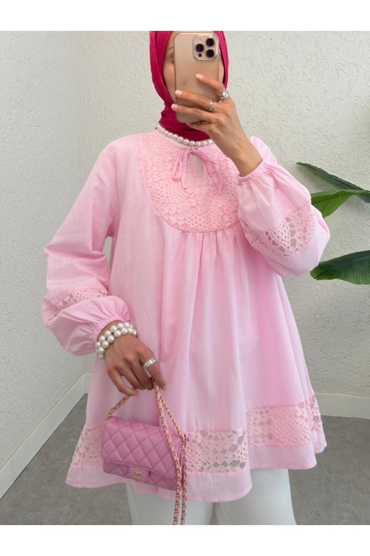 Modamorfo Dantel Detaylı Yakası Bağlamalı Kolu Lastikli Gömlek -Pembe