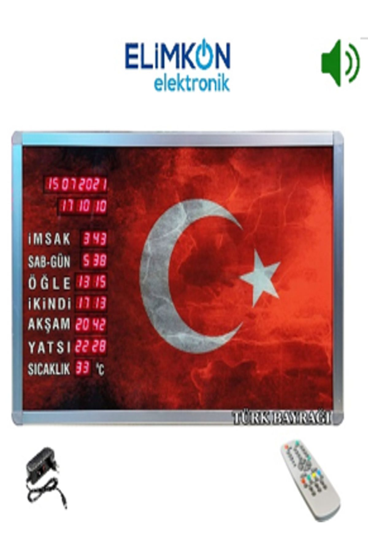 Elimkon VAKİTMATİK DİJİTAL İMSAKİYE DİJİTAL BASKILI KUMANDALI EZANLI SAAT TÜRK BAYRAĞI