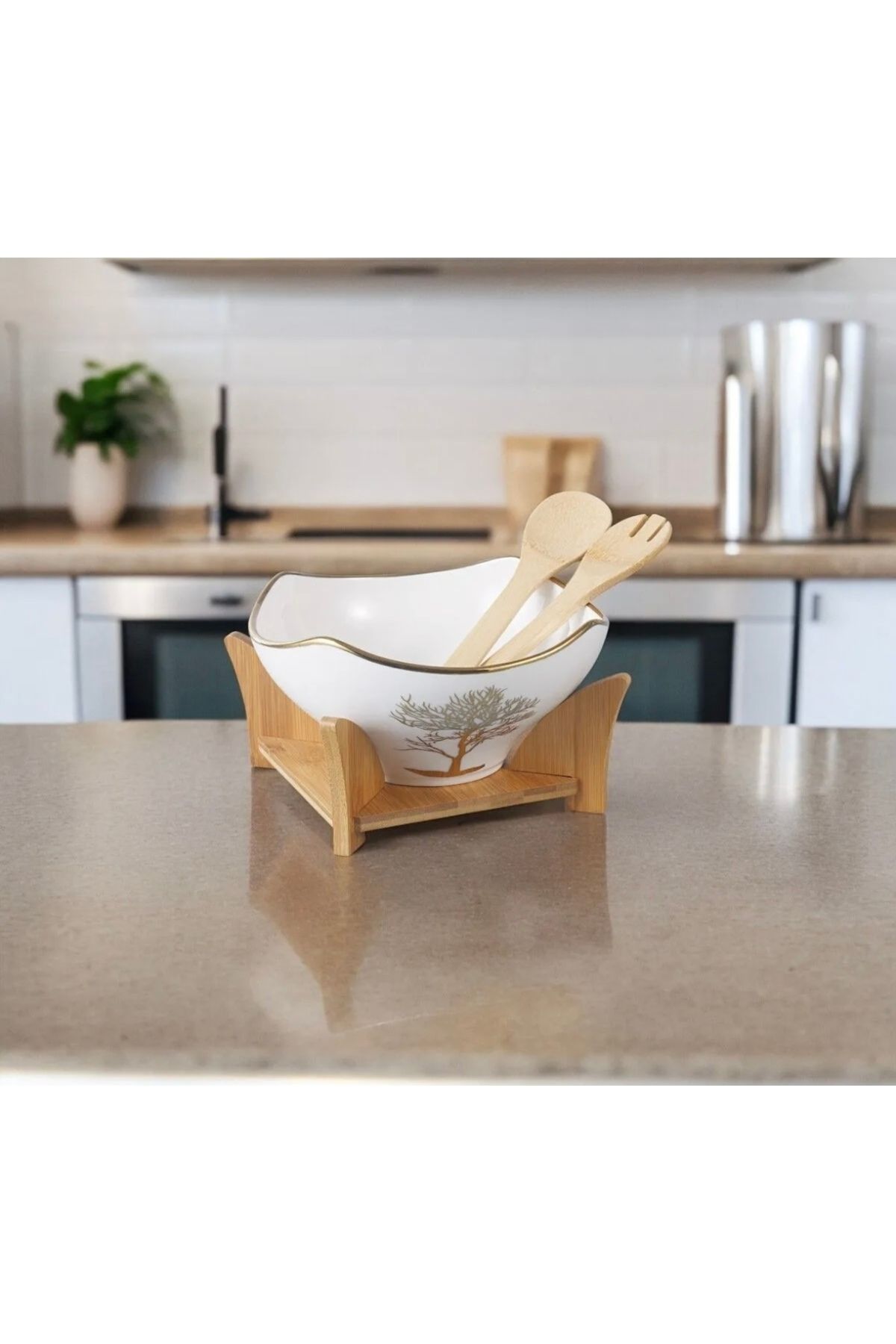 CEZVE HOME Bambu Standlı Gold Detaylı Porselen Yuvarlak Salata Kasesi Seti Servis Kasesi