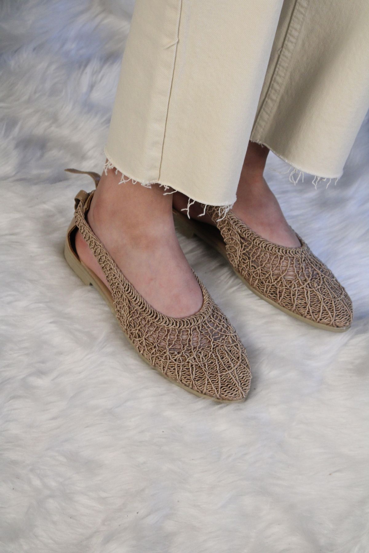 mybellashoes Kahverengi Keten Örme Kadın Dantel Babet