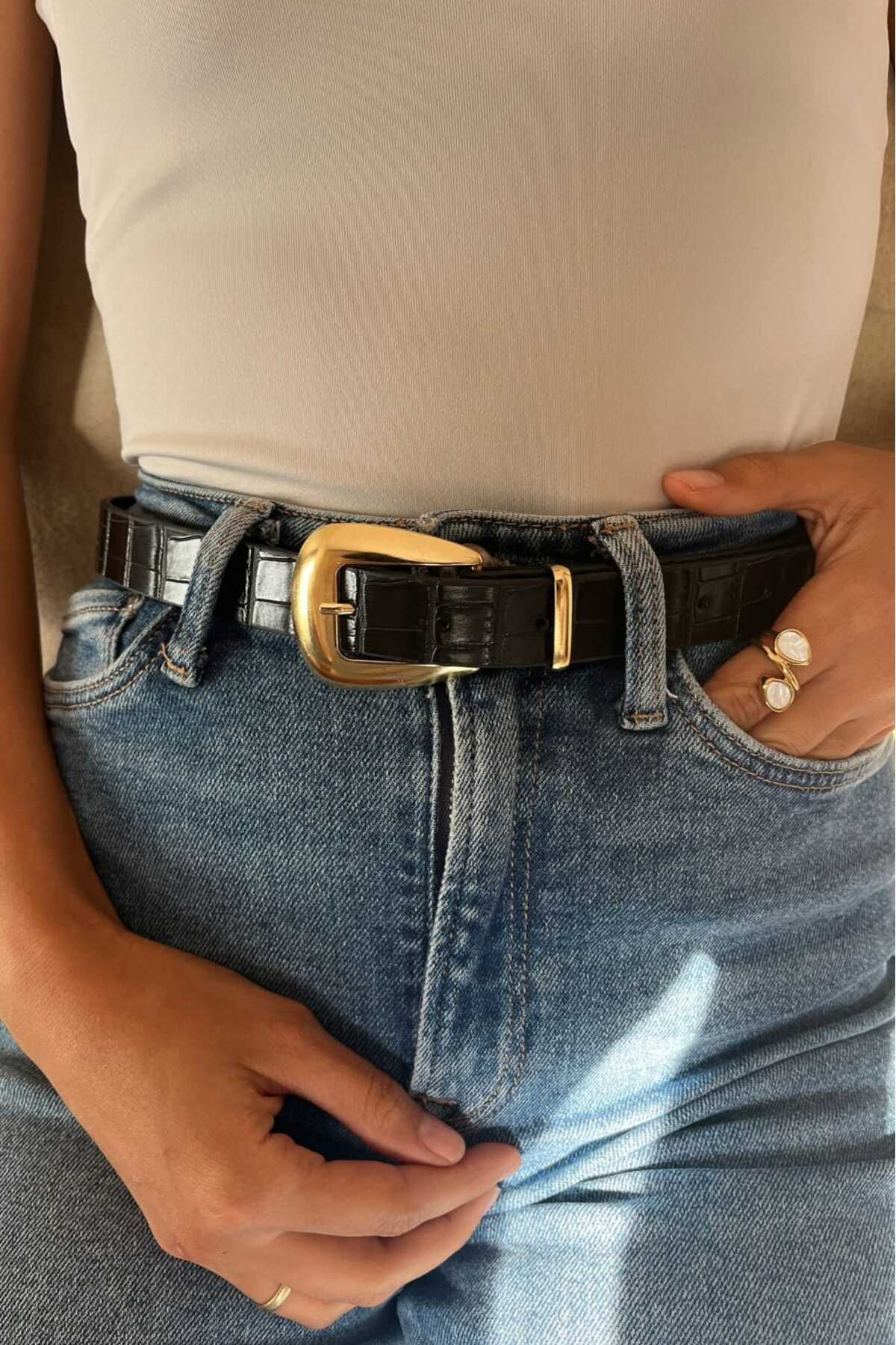 LA FANİL Gold Toka Desenli Berina Siyah Kadın Kemer