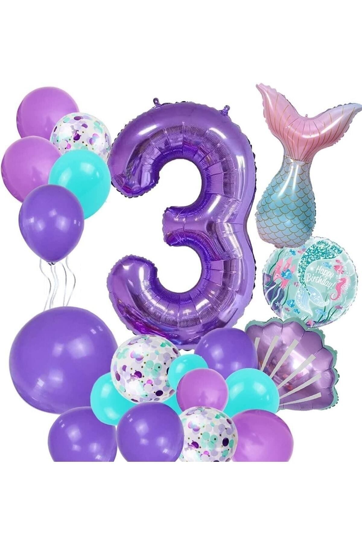 Partifest Mor Rakam Balon 3 Yaş Deniz Kızı Temalı Doğum Günü Parti Kutlama Seti Konsept 1