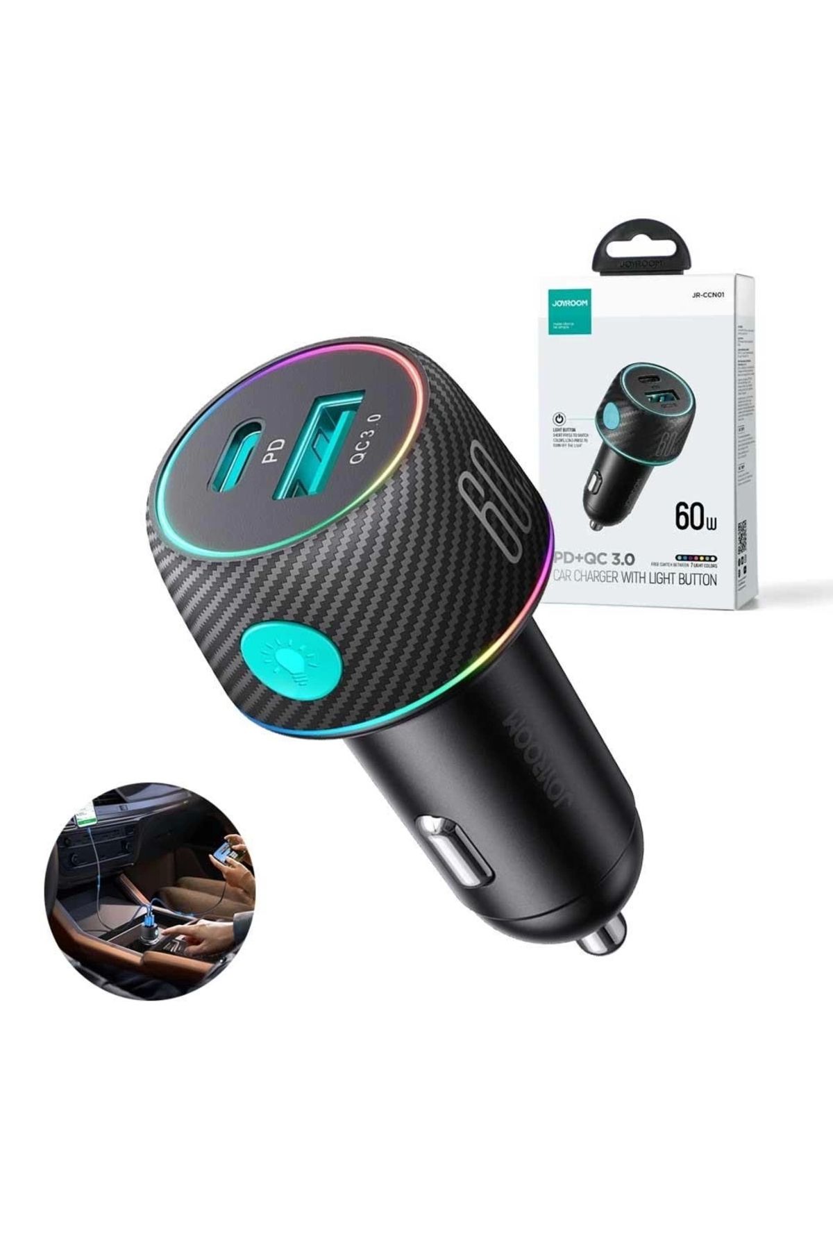 Joyroom 60W USB/USB-C / Type-C Araç Şarj Cihazı Siyah Çakmaklık