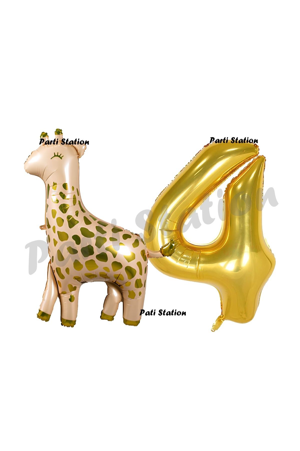 Partifest Safari Zürafa 4 Yaş Balon Set Sevimli Zürafa ve Gold Rakam Balon Doğum Günü Set