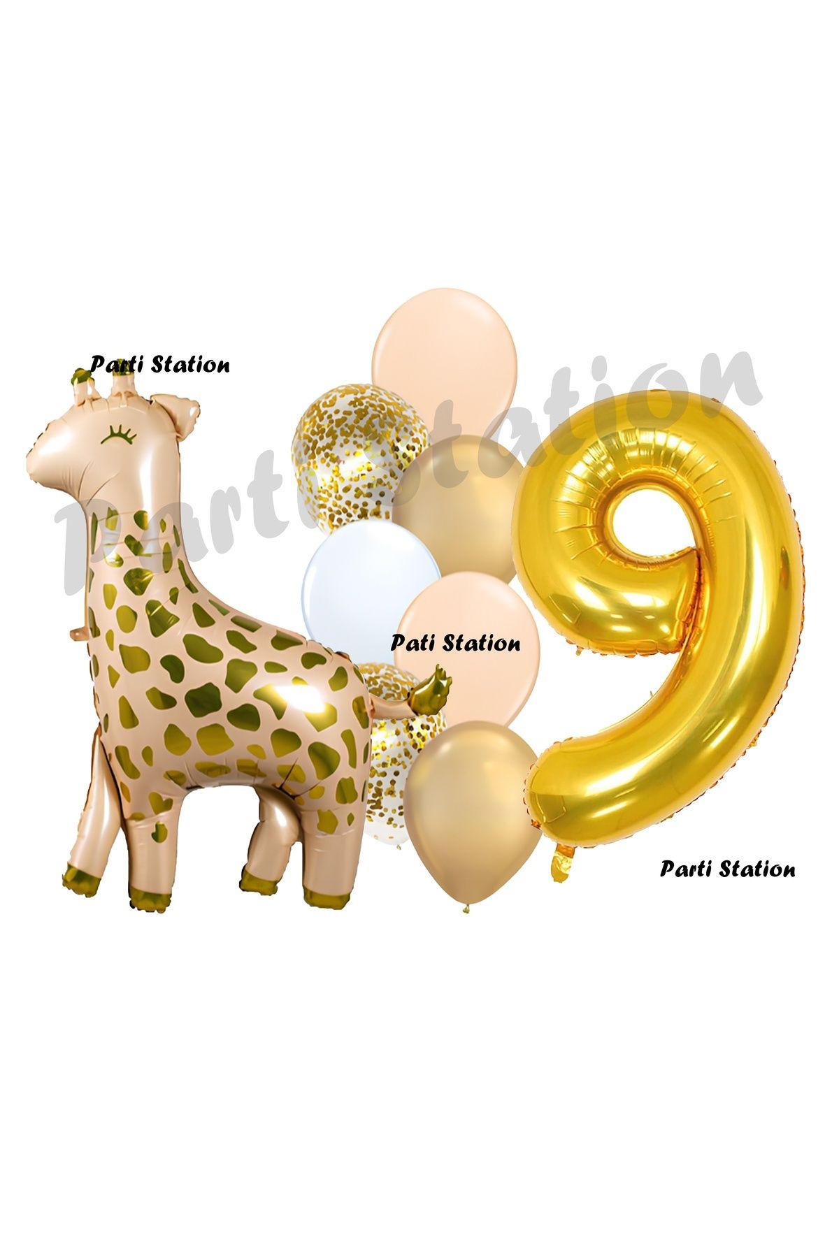 Partifest Zürafa Balon Set Safari Zürafa 9 Yaş Balon Set Sevimli Zürafa ve Gold Rakam Balon Doğum Günü Set