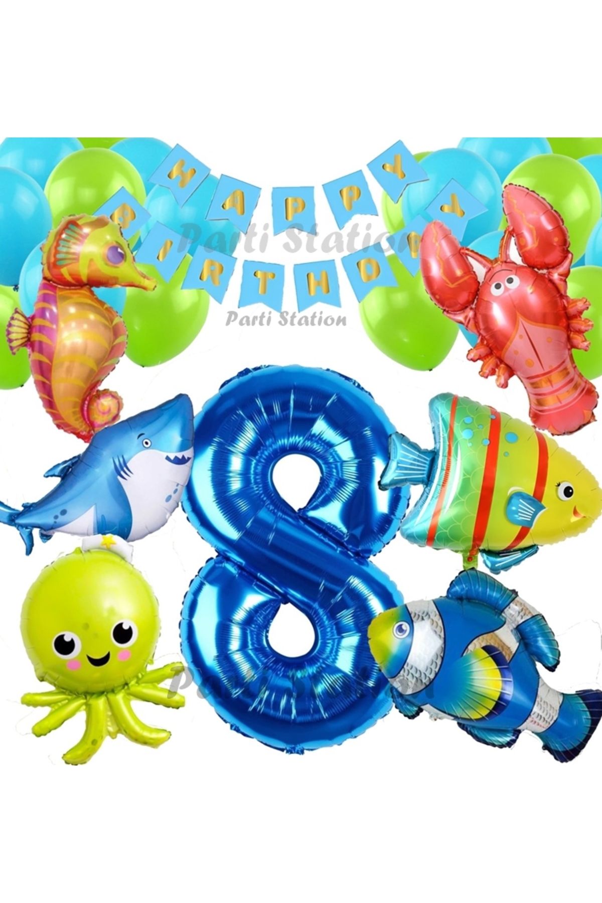 Partifest Büyük Boy Balonlu Okyanus Hayvanları 8 Yaş Doğum Günü Balon Set Deniz Canlıları Balon Set