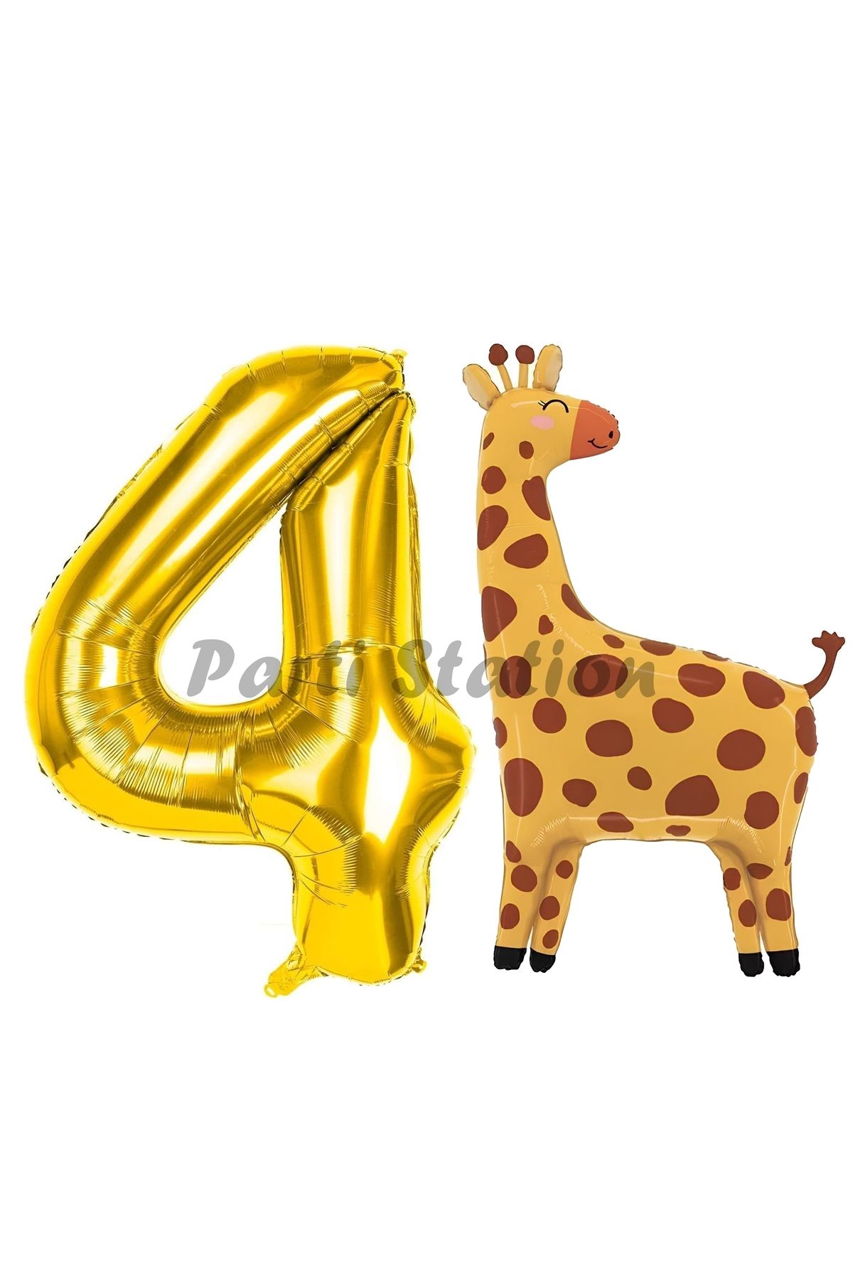 Partifest Safari Zürafa Balon 4 Yaş Balon Set Safari Konsept Sevimli Zürafa Balon ve Gold Renk Rakam Balon