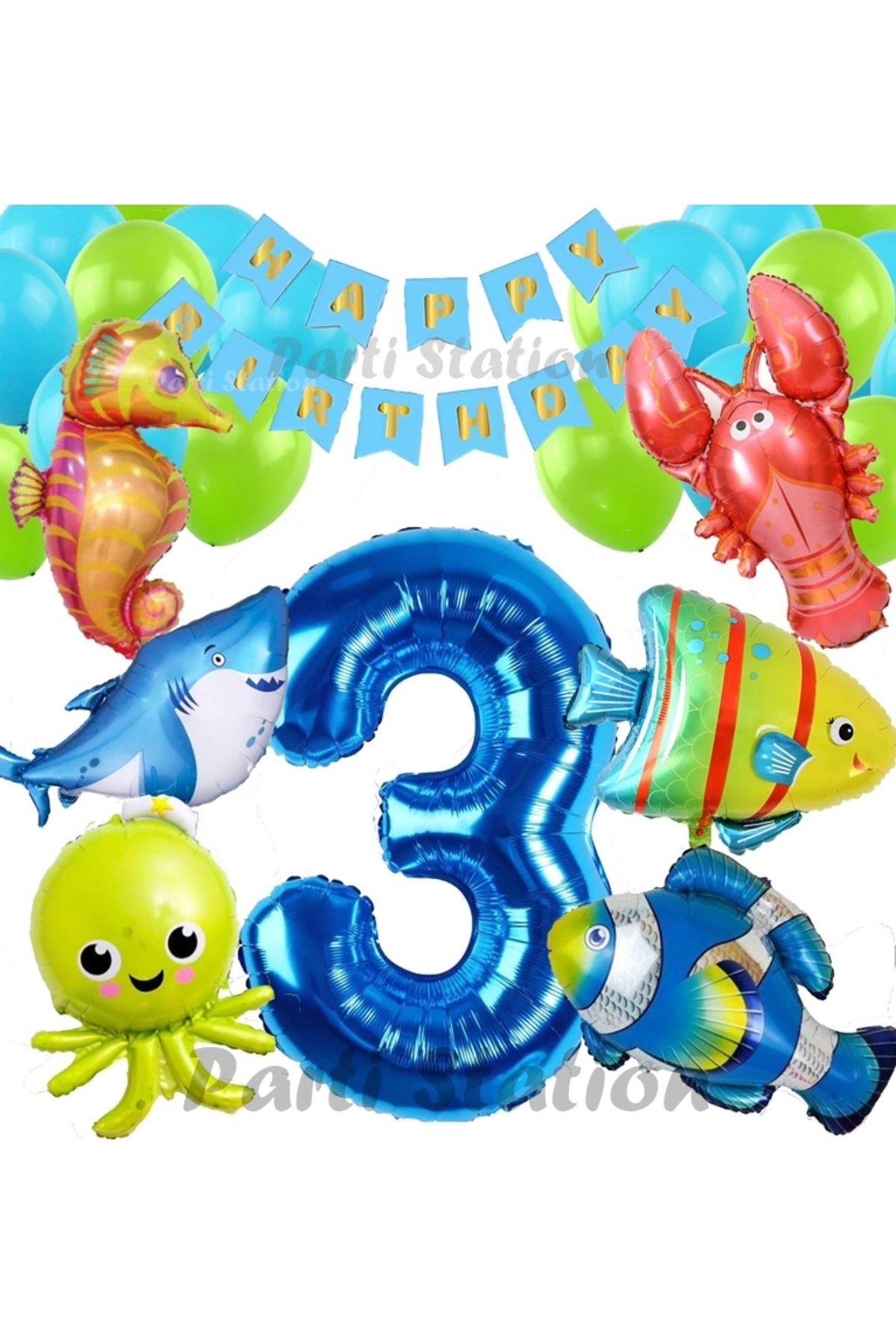 Partifest Büyük Boy Balonlu Okyanus Hayvanları 3 Yaş Doğum Günü Balon Set Deniz Canlıları Balon Set