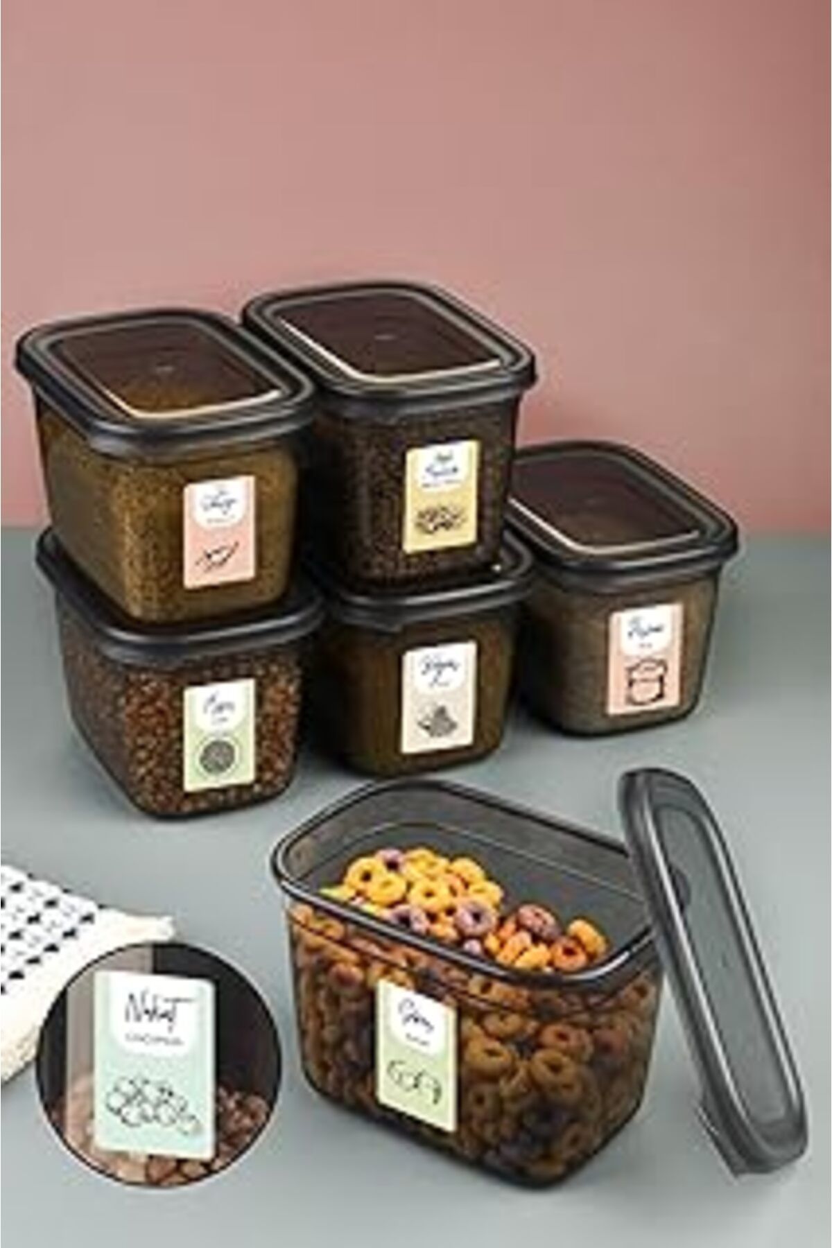 Mu Art Ahşap Renkli Etiketli 6Lı Set Peggy Dikdörtgen Saklama Kabı 1,3 Litre Antrasit