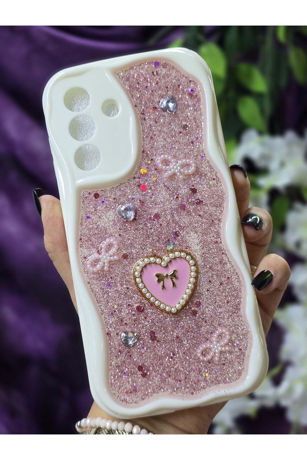 Magic Ring Samsung Galaxy A56 Uyumlu Kalpli Pembe Simli İnci ve Kurdele Detaylı Şık Telefon Kılıfı