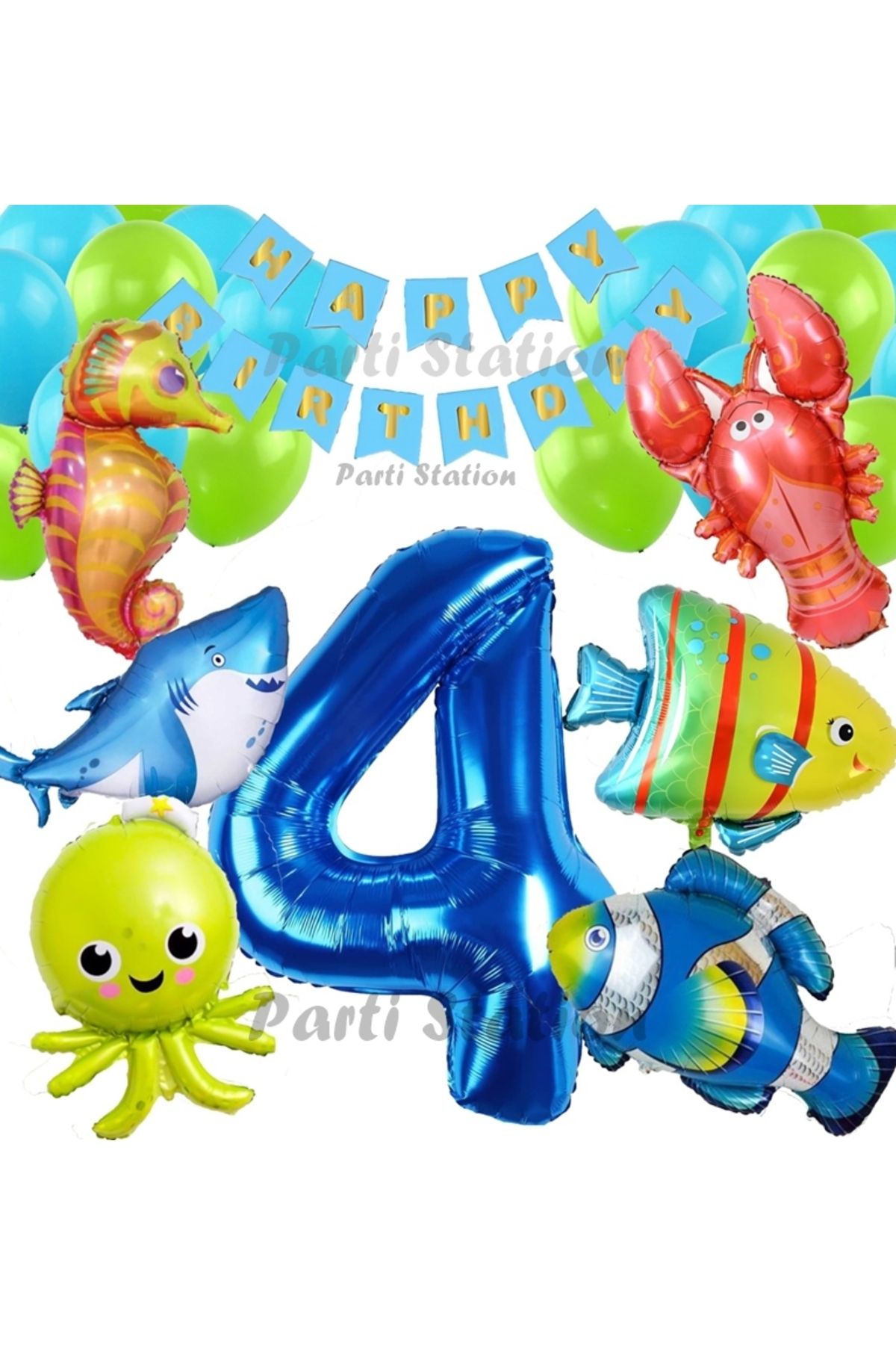 Partifest Büyük Boy Balonlu Okyanus Hayvanları 4 Yaş Doğum Günü Balon Set Deniz Canlıları Balon Set