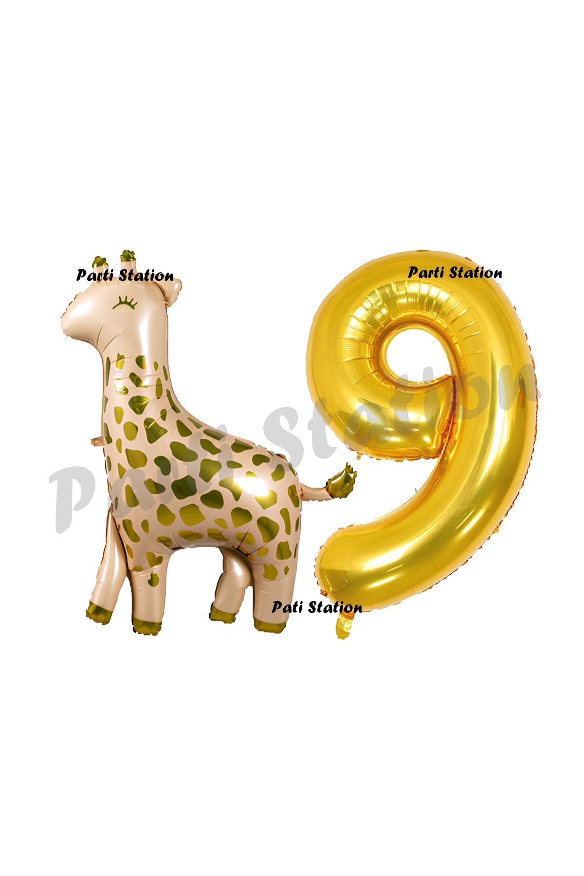 Partifest Safari Zürafa 9 Yaş Balon Set Sevimli Zürafa ve Gold Rakam Balon Doğum Günü Set