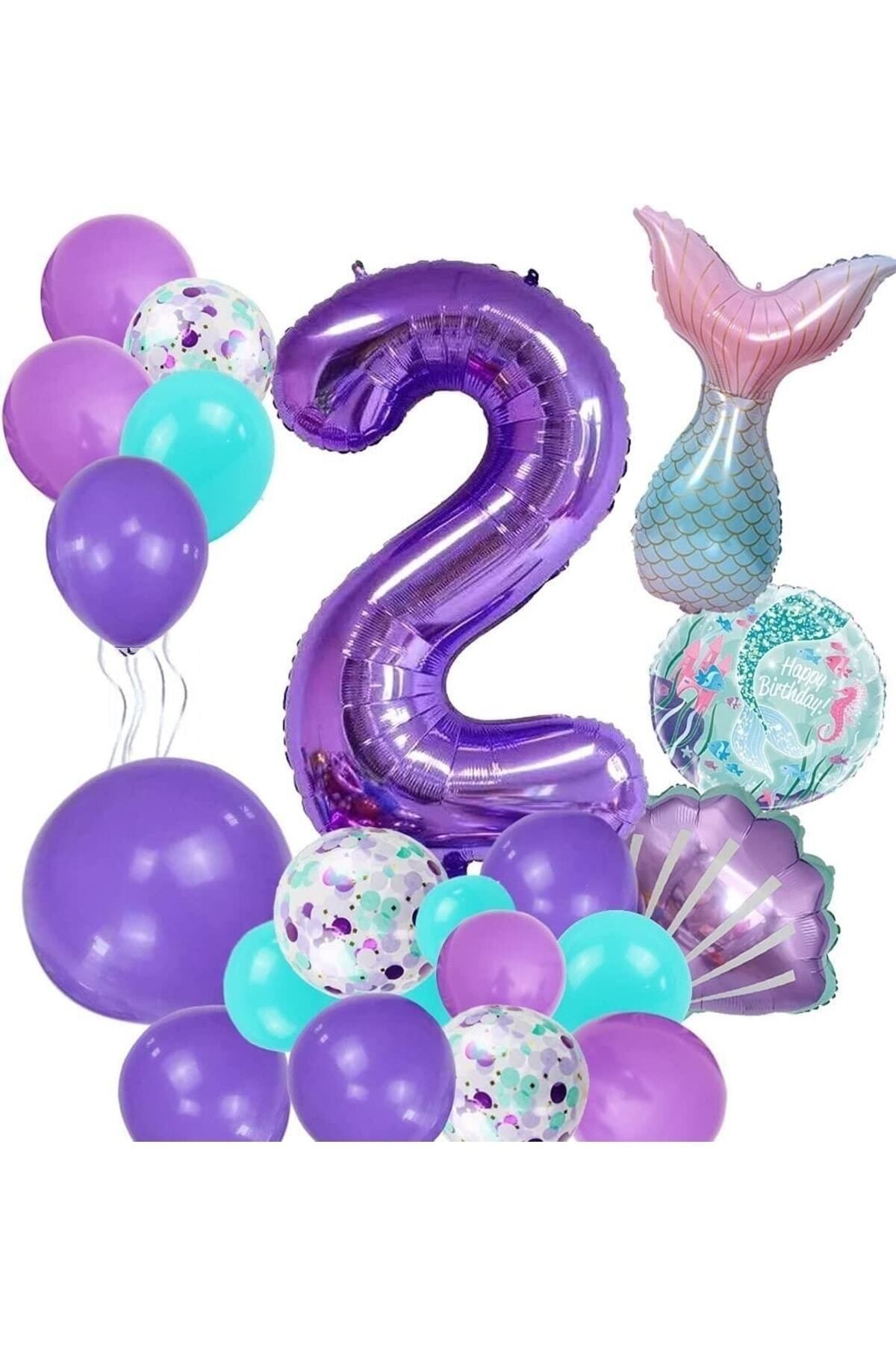 Partifest Mor Rakam Balon 2 Yaş Deniz Kızı Temalı Doğum Günü Parti Kutlama Seti Konsept 1