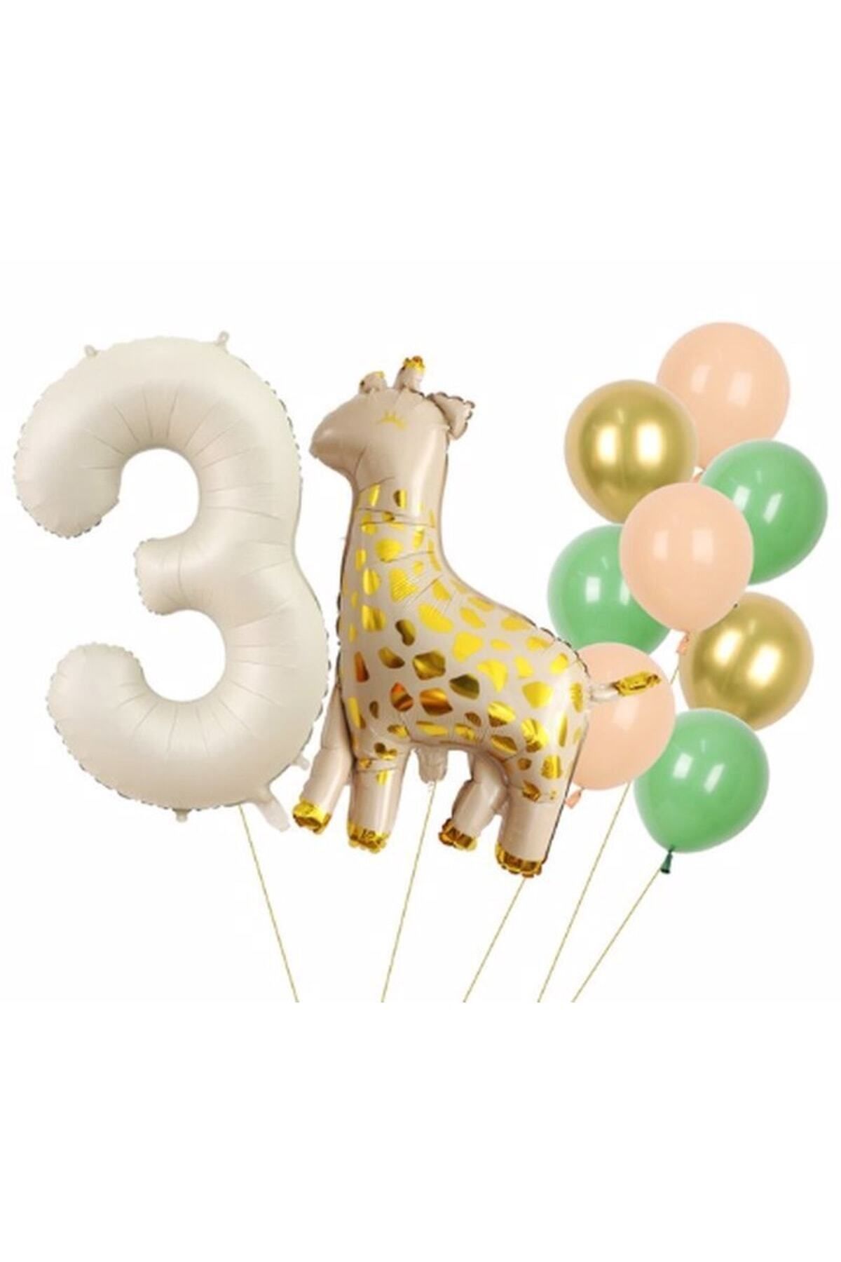 Partifest Zürafa 3 Yaş Balon Set Yıldız Balon Folyo Set Konsept Doğum Günü Set Yaş Balon Set