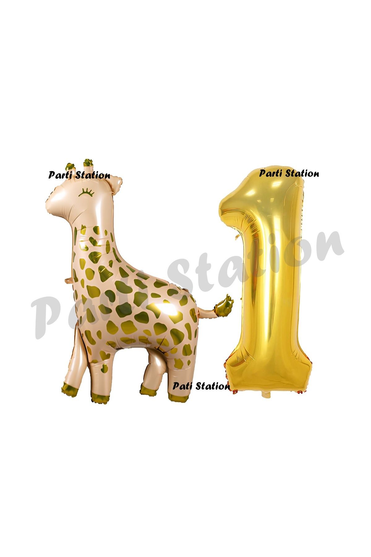 Partifest Safari Zürafa 1 Yaş Balon Set Sevimli Zürafa ve Gold Rakam Balon Doğum Günü Set