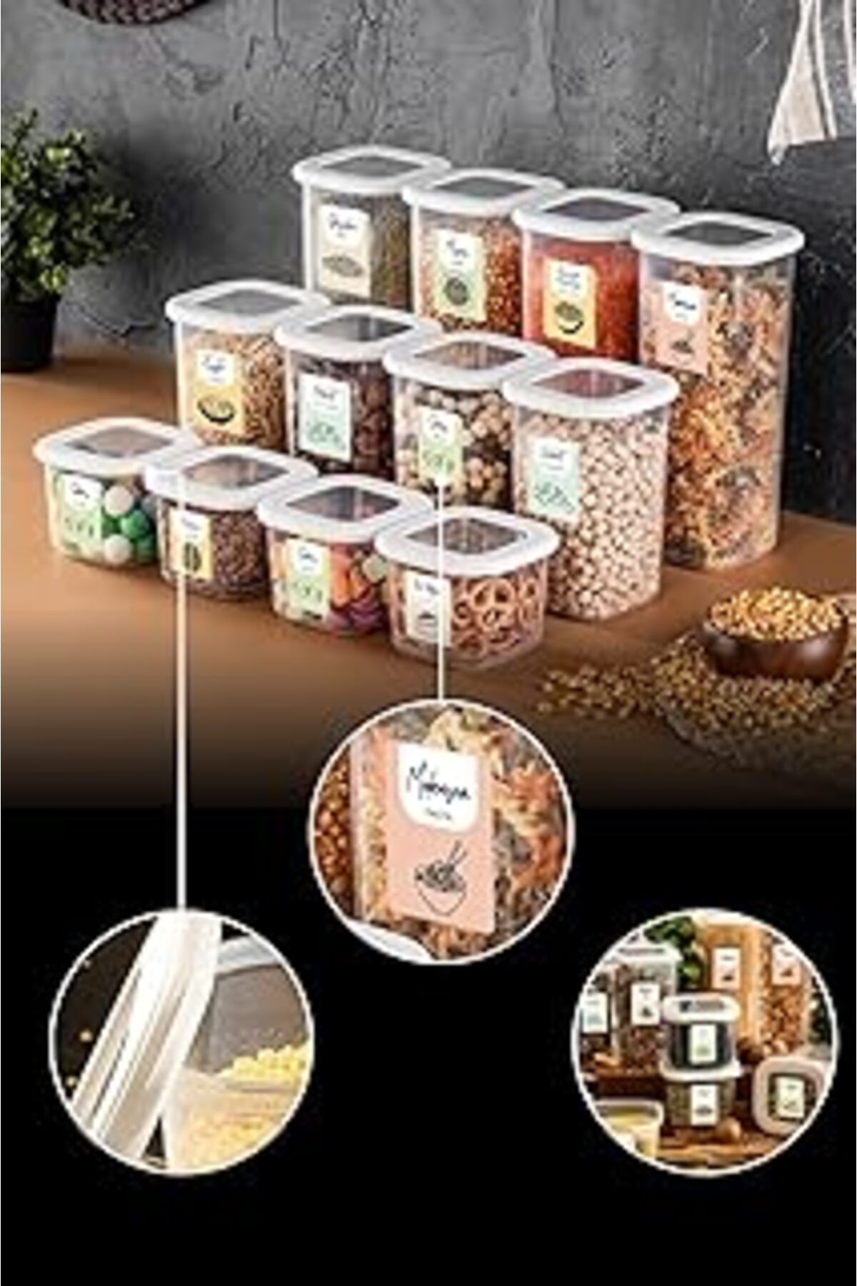 Mu Art Ahşap 12Li Set Renkli Etiketli Erzak Kabı 4X(0,55 Litre, 1,2 Litre, 1,75 Litre) Beyaz