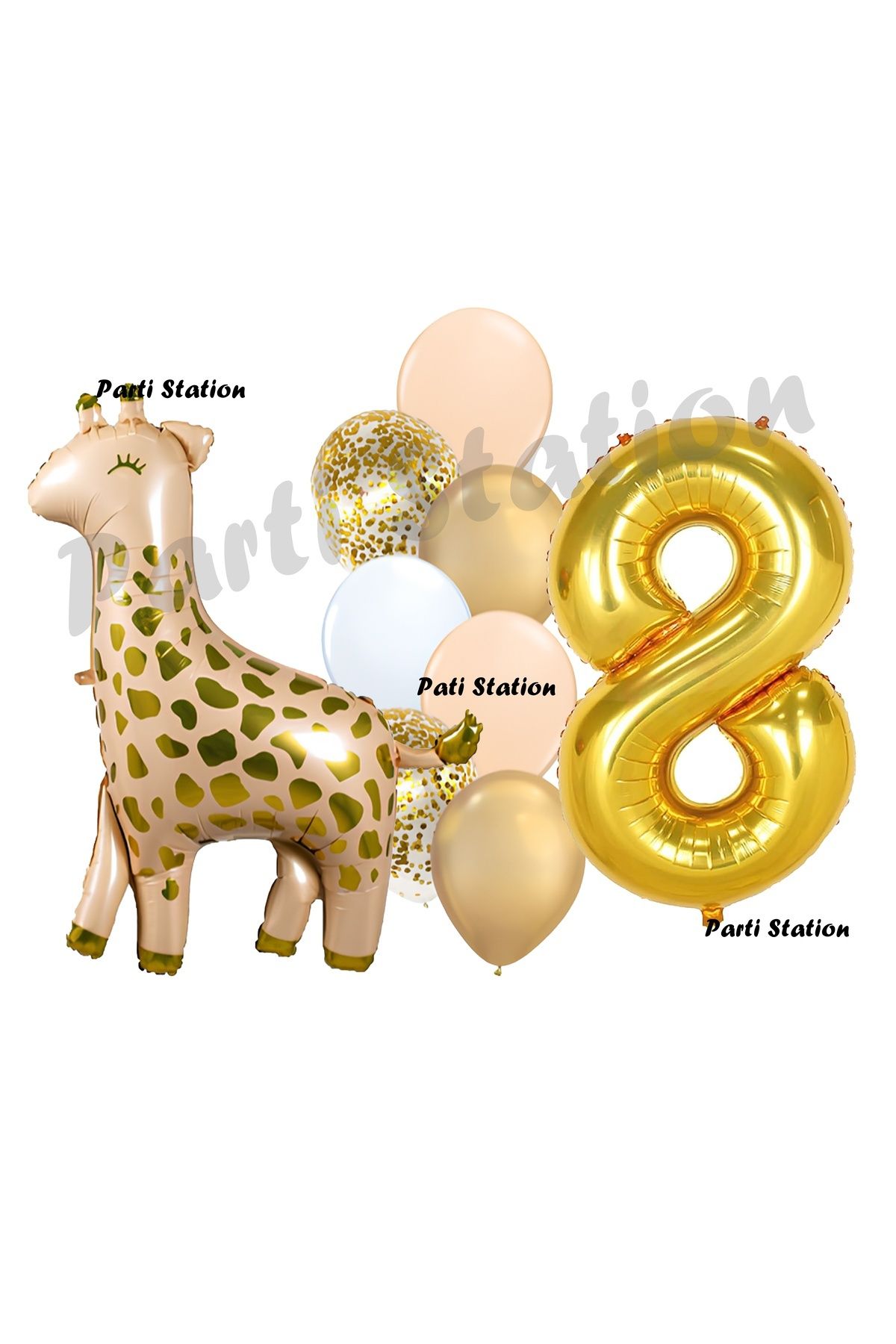 Partifest Zürafa Balon Set Safari Zürafa 8 Yaş Balon Set Sevimli Zürafa ve Gold Rakam Balon Doğum Günü Set
