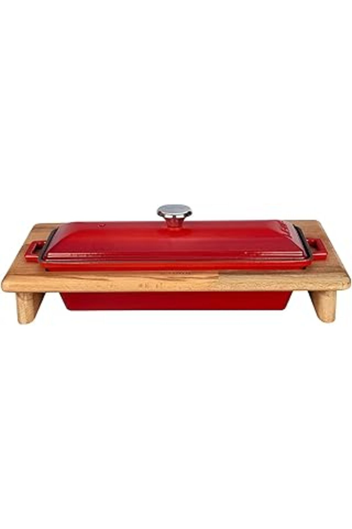 ASİTAN Lava Döküm Ekmek Kabı Ve Ahşap Standı, 11X29Cm, Kırmızı