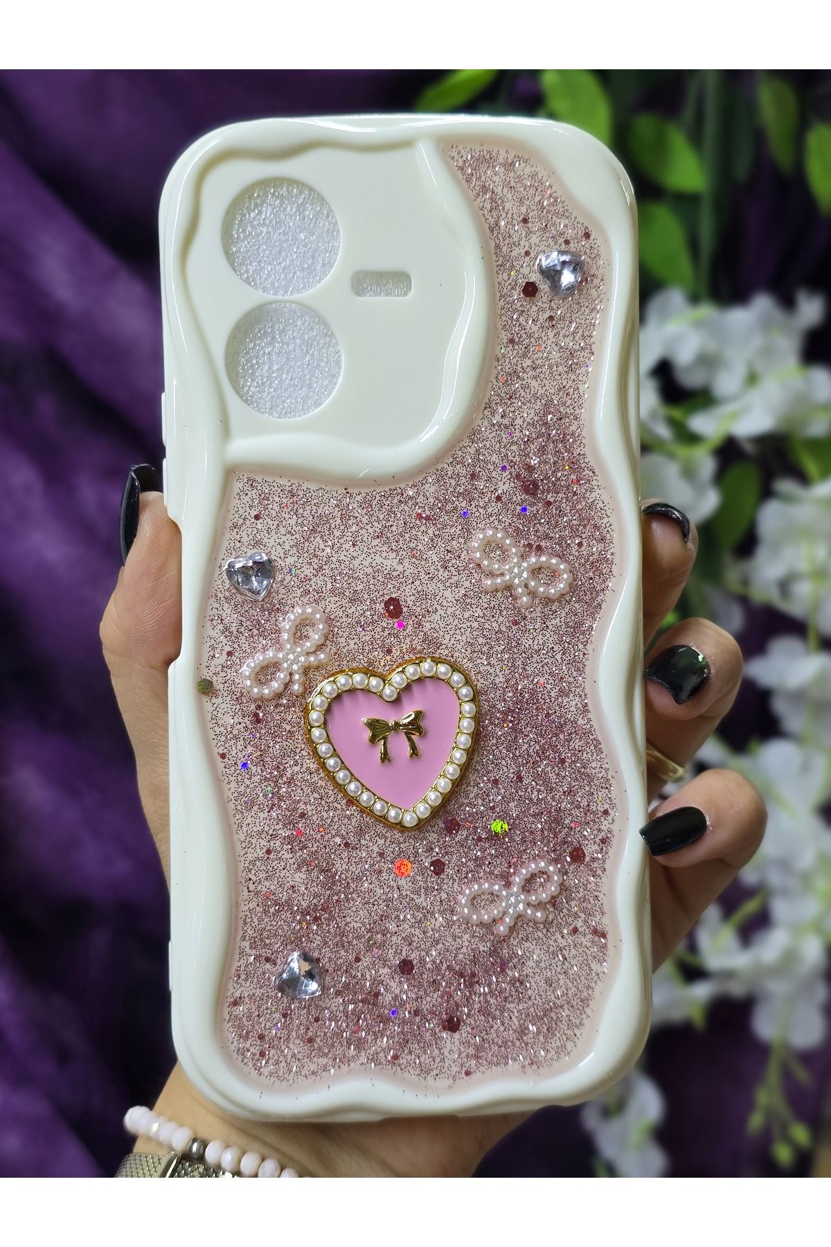 Magic Ring Vivo Y22S Uyumlu Kalpli Pembe Simli İnci ve Kurdele Detaylı Şık Telefon Kılıfı