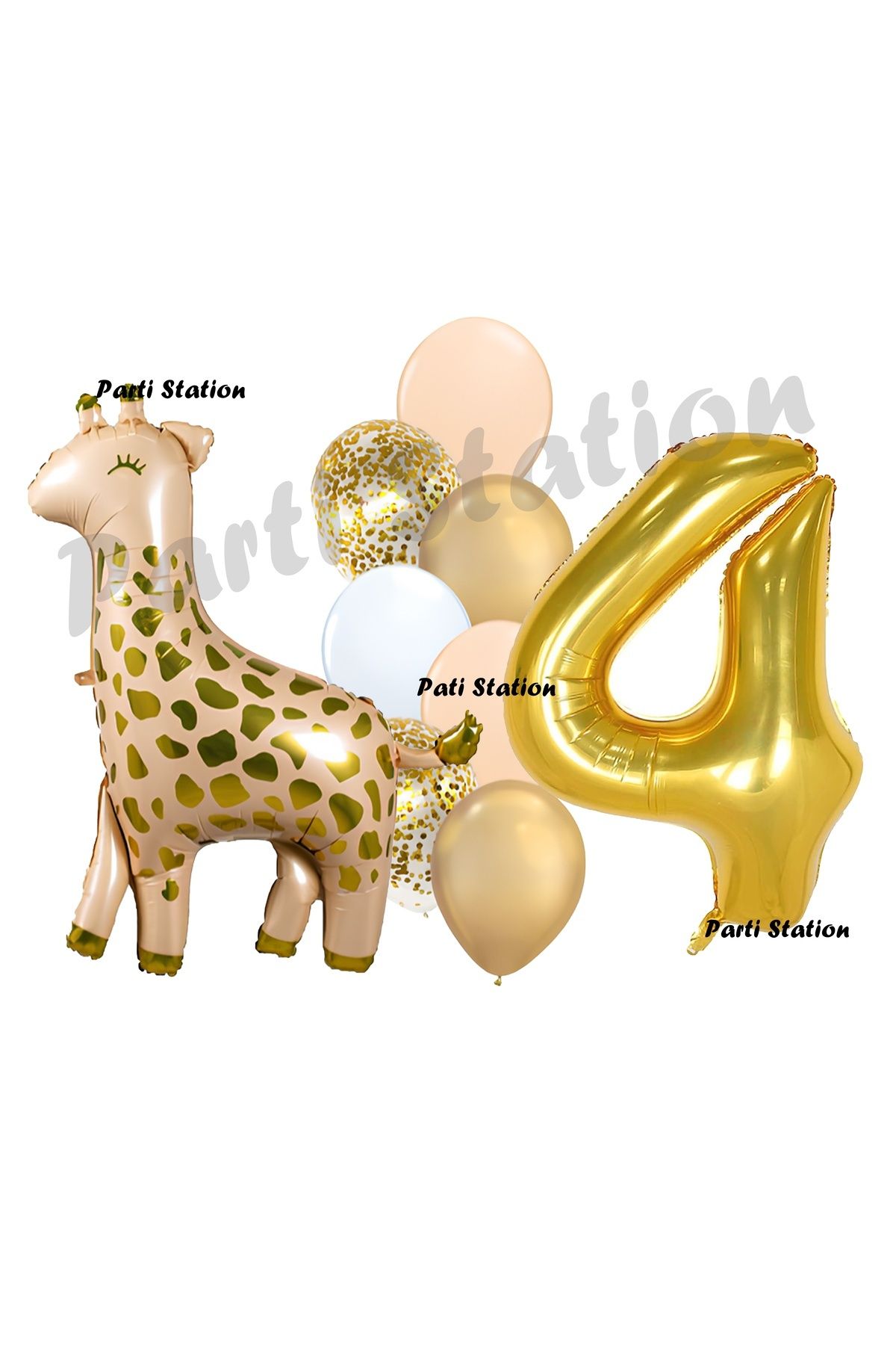 Partifest Zürafa Balon Set Safari Zürafa 4 Yaş Balon Set Sevimli Zürafa ve Gold Rakam Balon Doğum Günü Set
