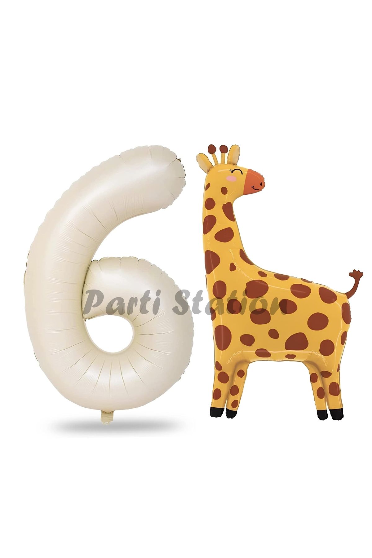 Partifest Safari Zürafa Balon 6 Yaş Balon Set Safari Konsept Sevimli Zürafa Balon ve Krem Renk Rakam Balon