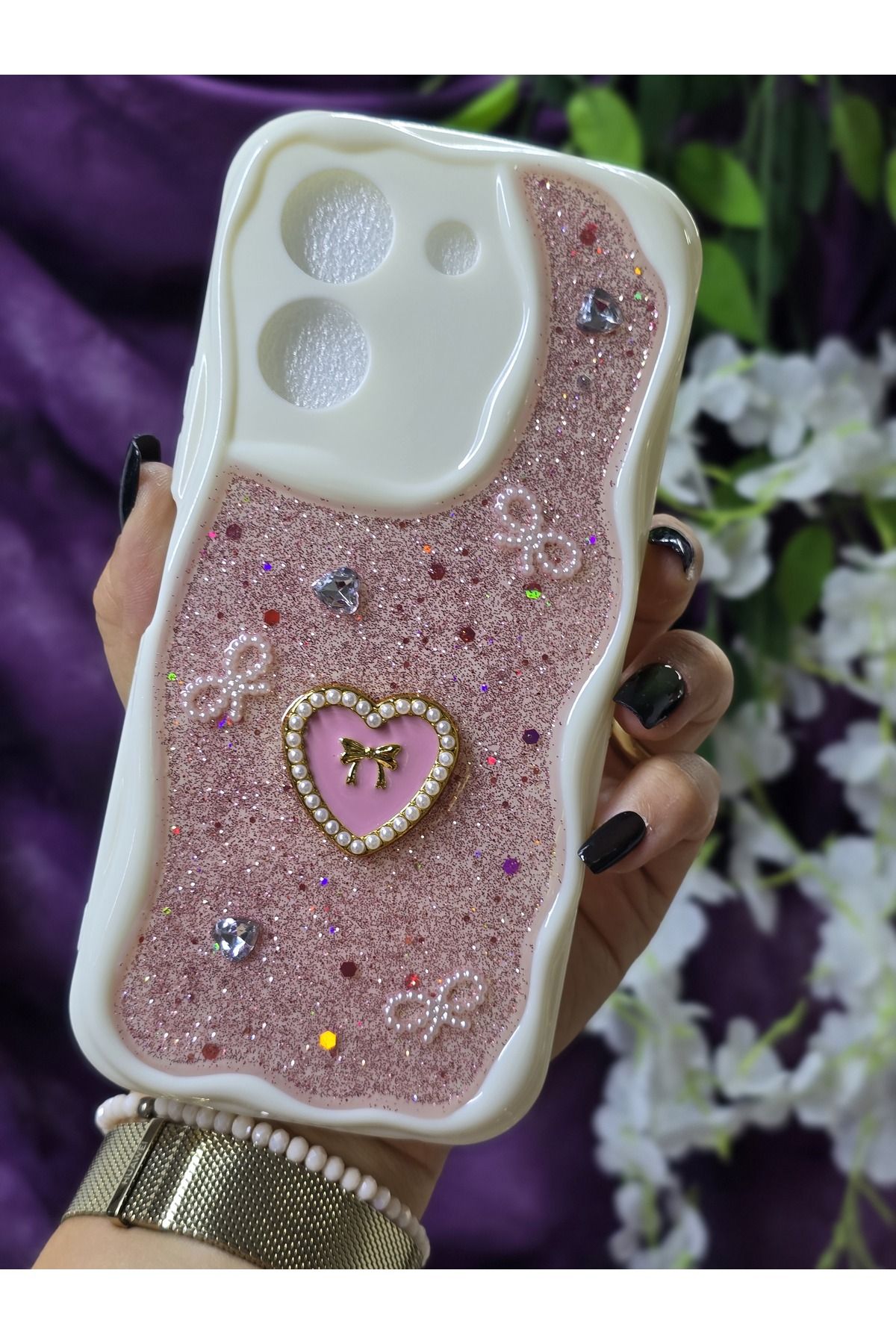 Magic Ring Vivo Y36 Uyumlu Kalpli Pembe Simli İnci ve Kurdele Detaylı Şık Telefon Kılıfı