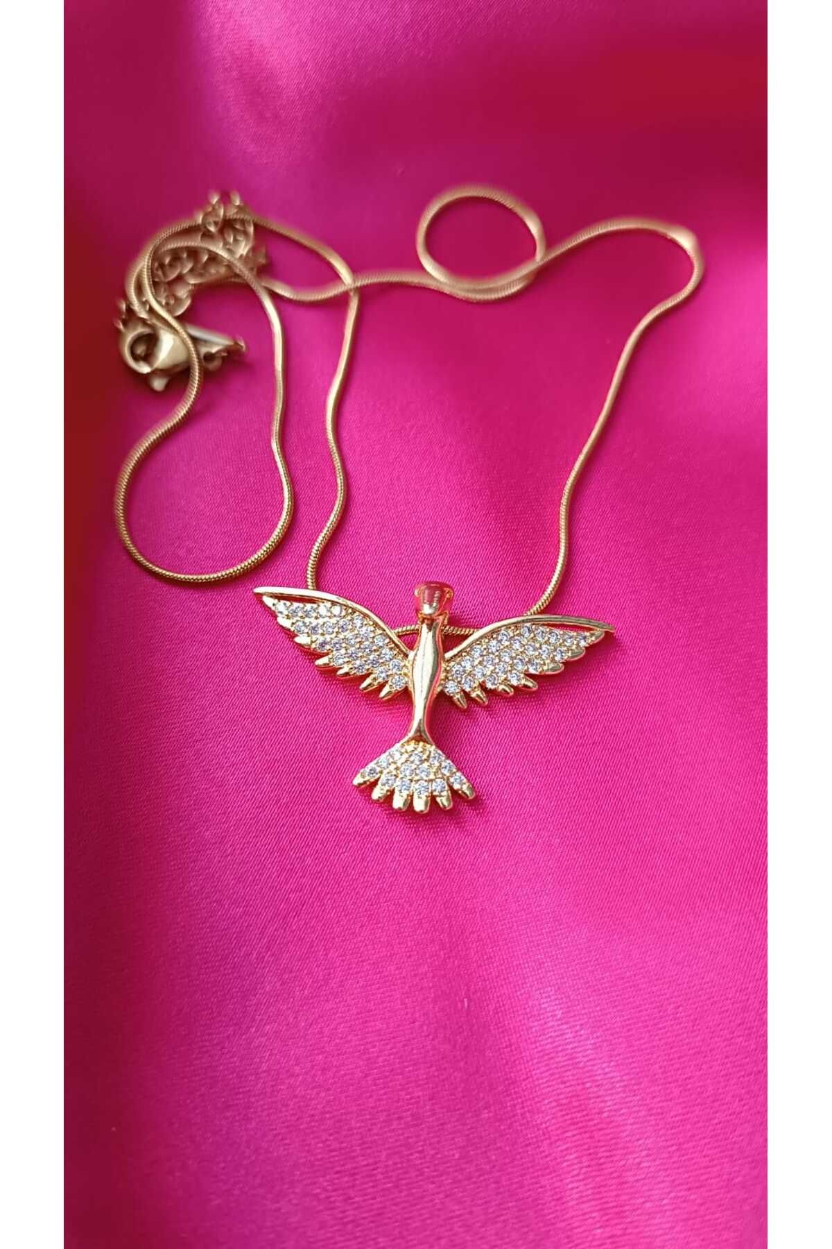 shop Çelik Kararma Yapmaz Zirkon Taşlı Zümrüdü Anka Kuşu Figürlü Gold Şık Zarif Kadın Kolye