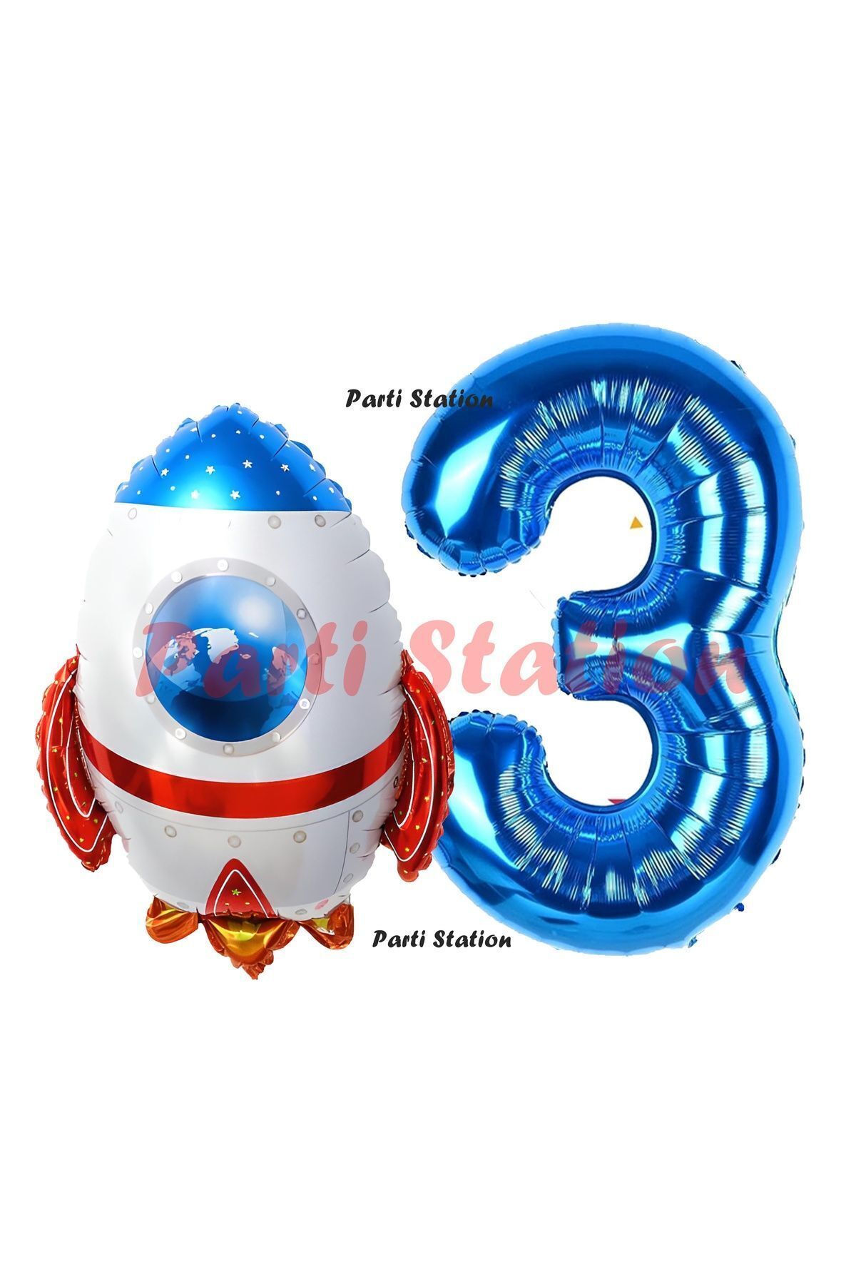 Partifest Uzay Konsept Roket Balon 3 Yaş Doğum Günü Set Uzay Konsept Balon ve Lacivert Rakam Balon