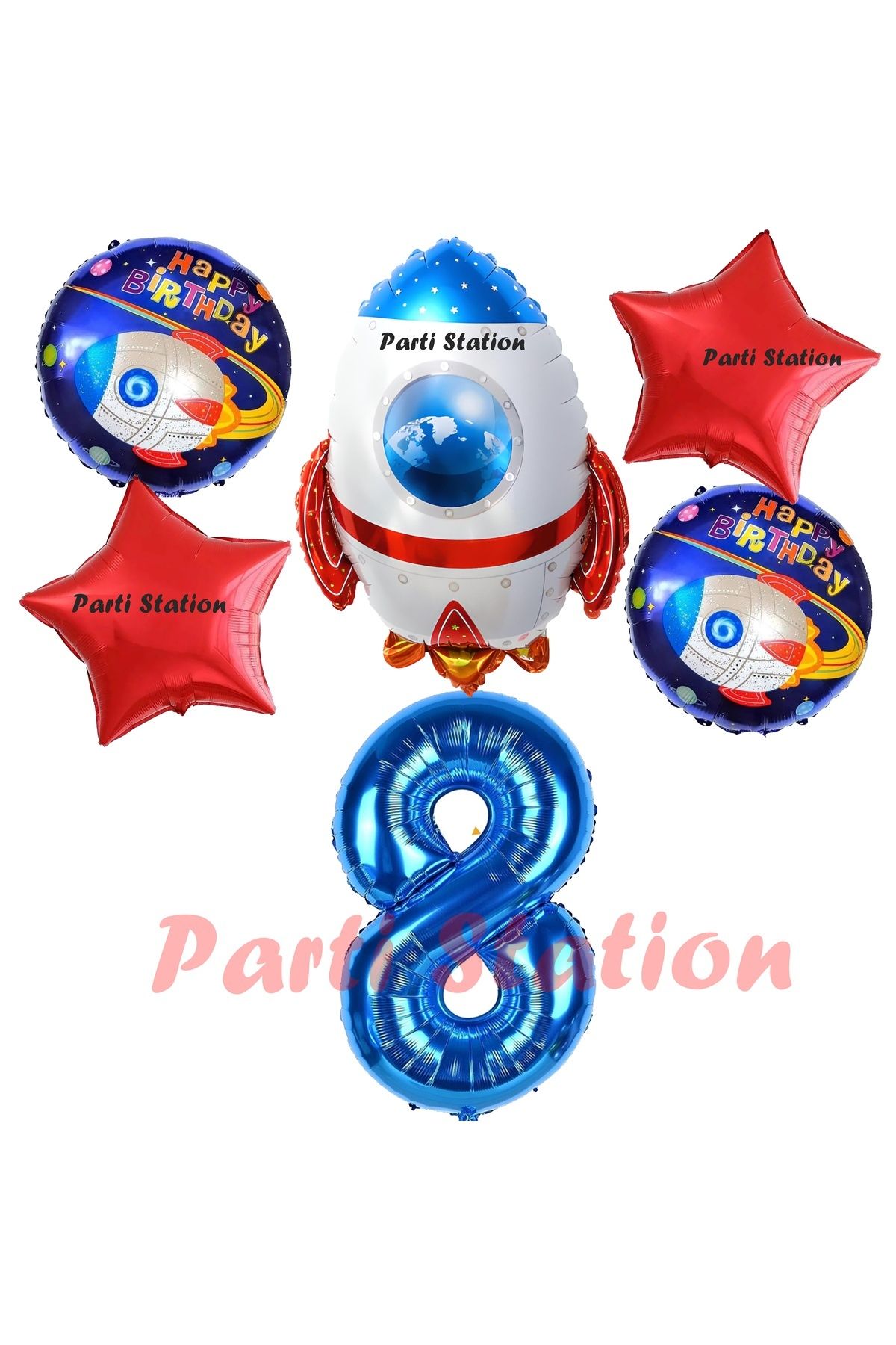 Partifest Uzay Konsept Roket Balon 8 Yaş Doğum Günü Set Uzay Konsept Balon Rakam Balon Set