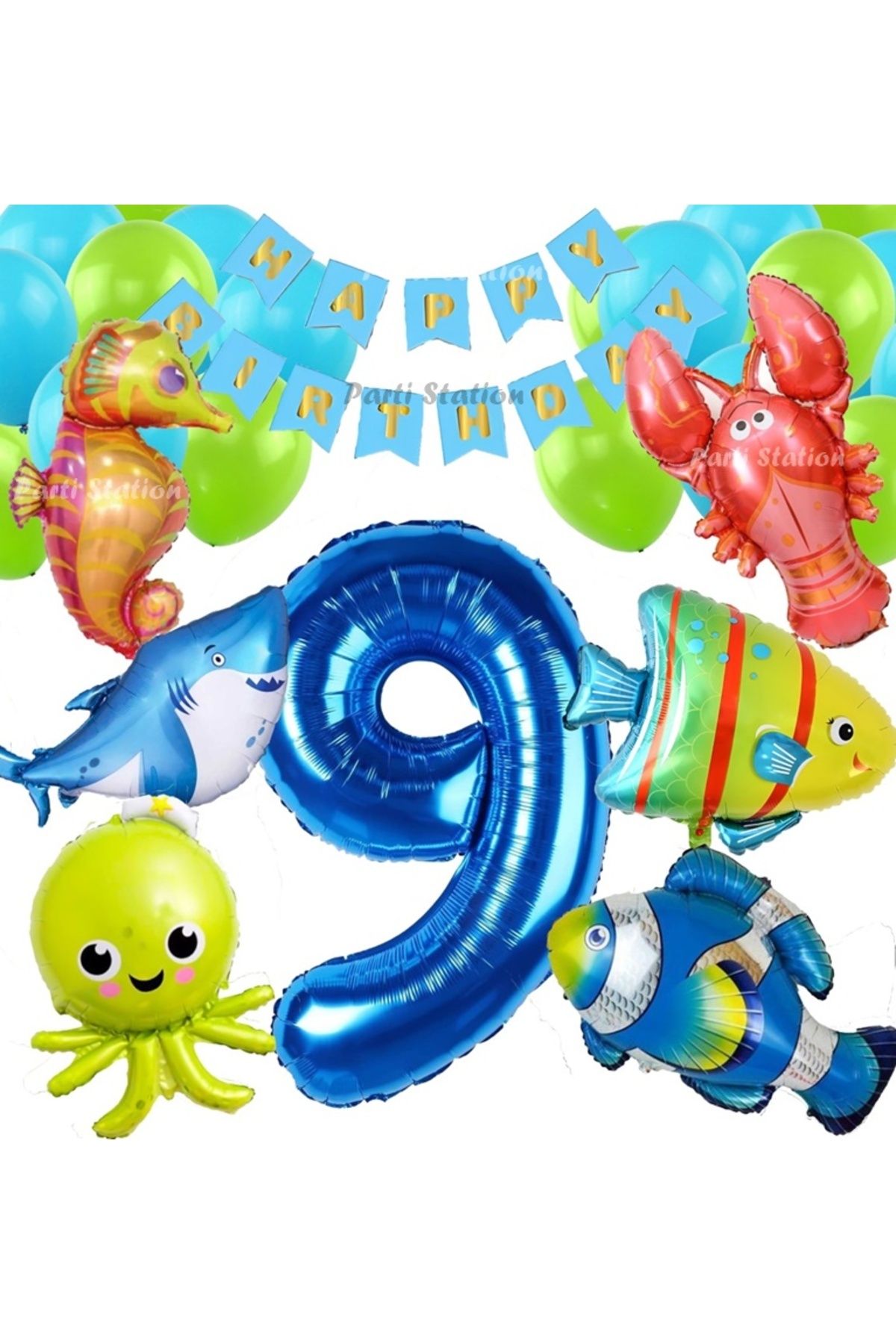 Partifest Büyük Boy Balonlu Okyanus Hayvanları 9 Yaş Doğum Günü Balon Set Deniz Canlıları Balon Set