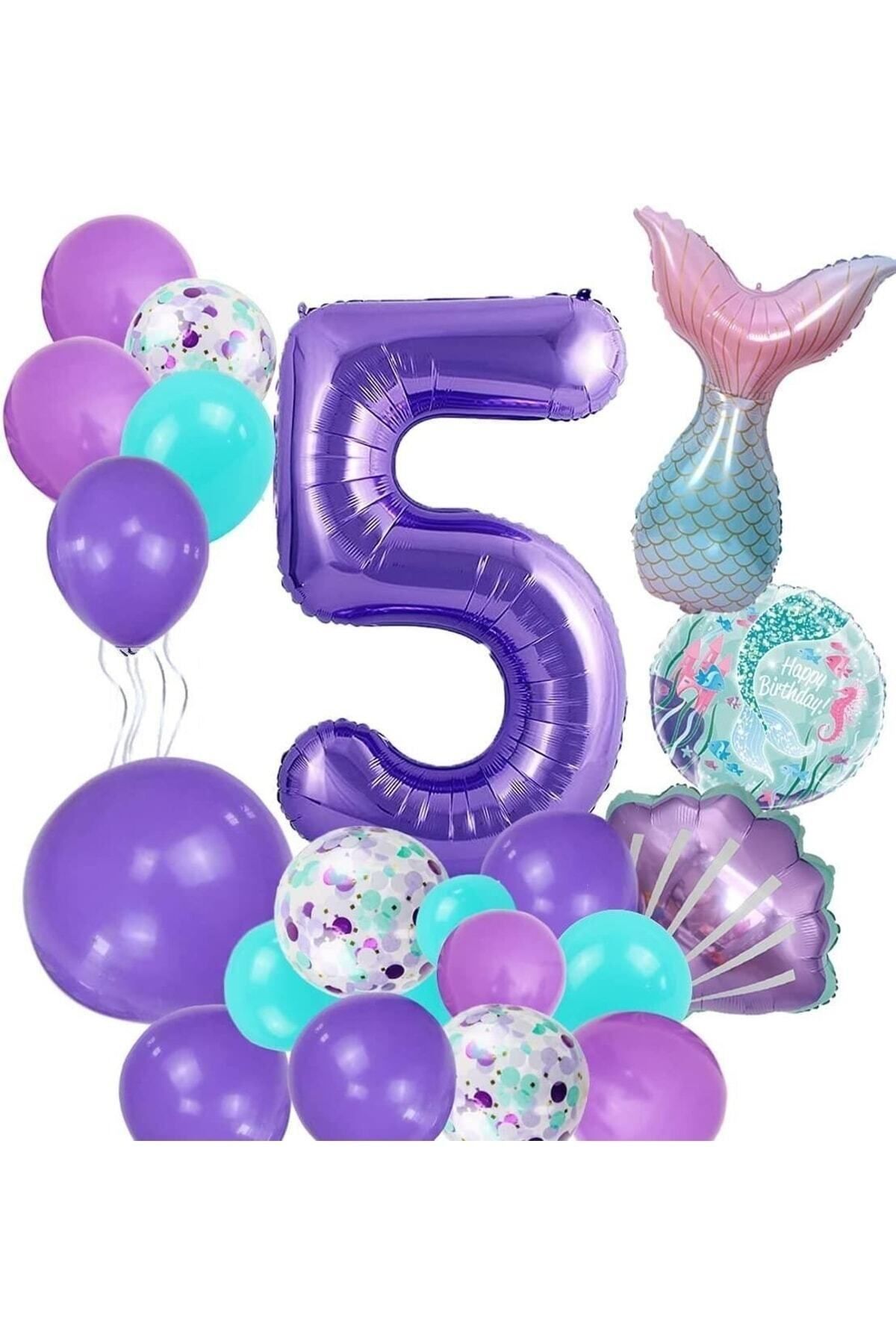 Partifest Mor Rakam Balon 5 Yaş Deniz Kızı Temalı Doğum Günü Parti Kutlama Seti Konsept 1