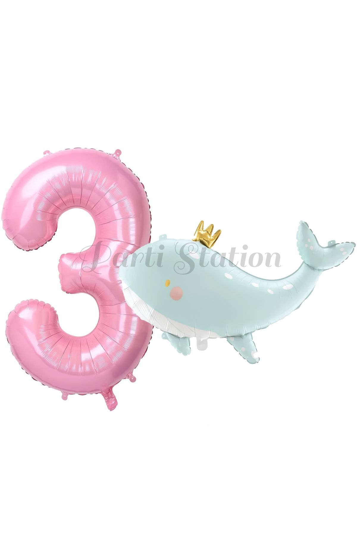 Partifest Sevimli Yeşil Balina 3 Yaş Balon Set Deniz Okyanus Canlıları Konsept Balon ve Pembe Rakam Balon