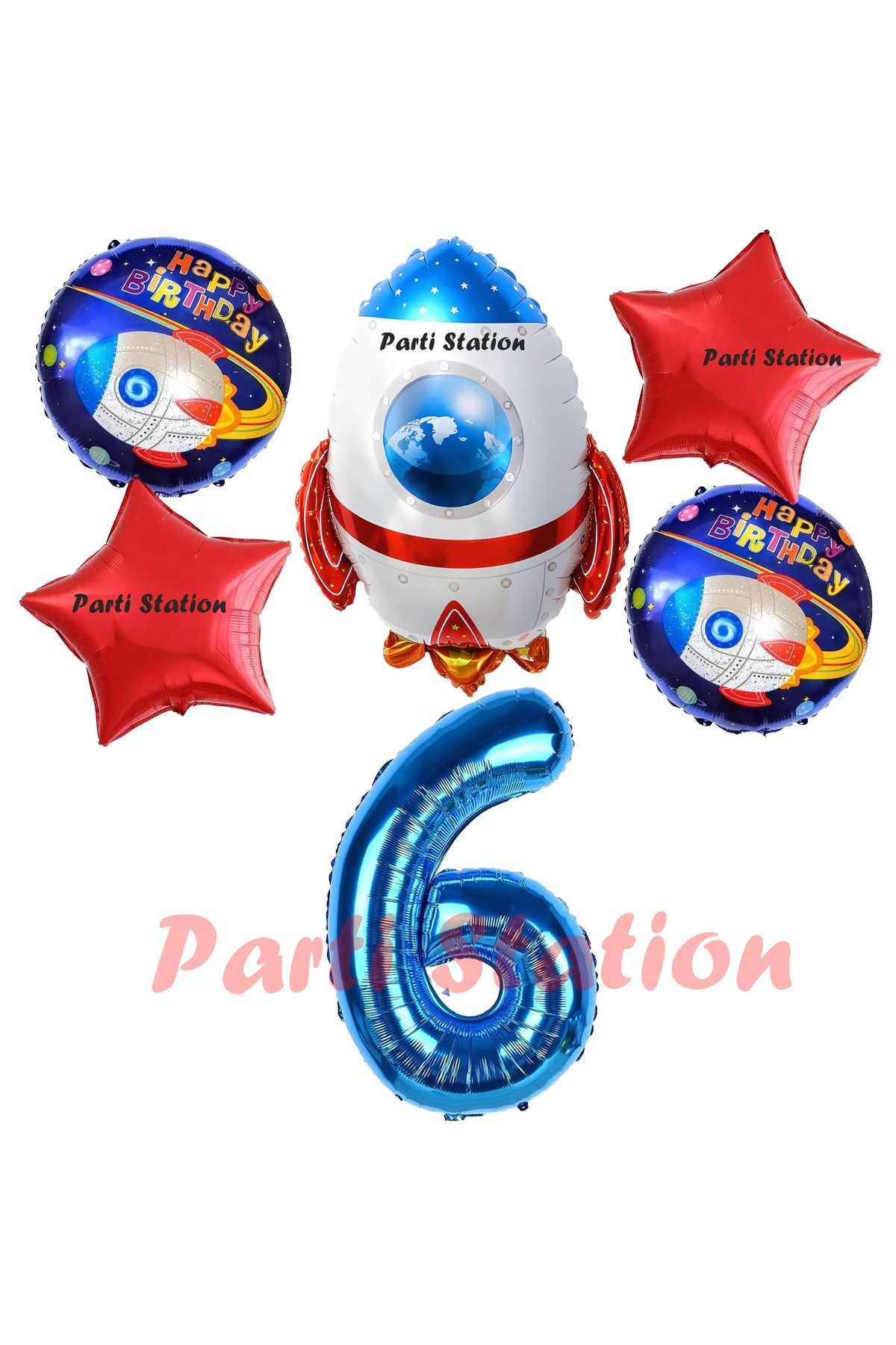 Partifest Uzay Konsept Roket Balon 6 Yaş Doğum Günü Set Uzay Konsept Balon Rakam Balon Set