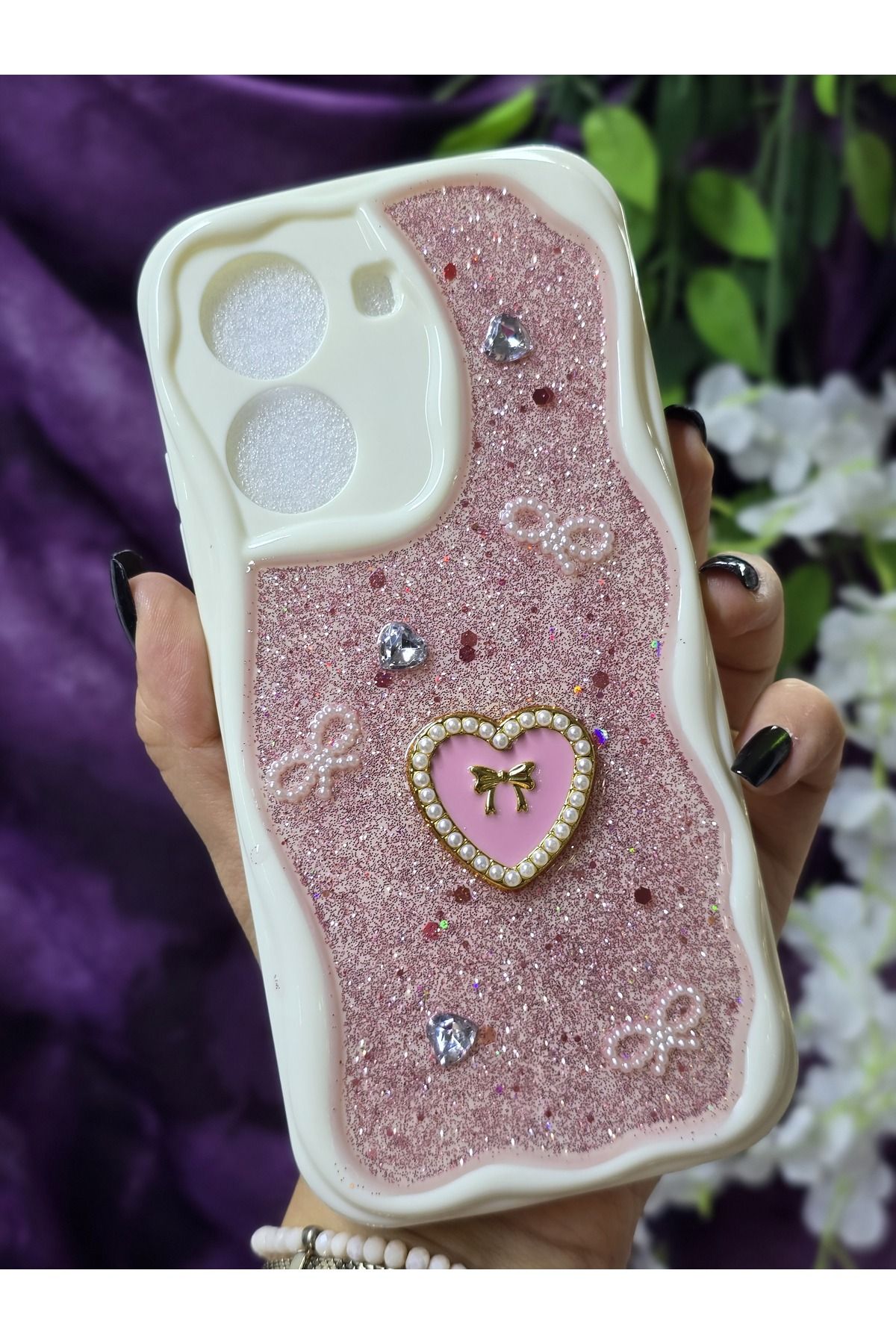 Magic Ring Poco X7 Pro Uyumlu Kalpli Pembe Simli İnci ve Kurdele Detaylı Şık Telefon Kılıfı