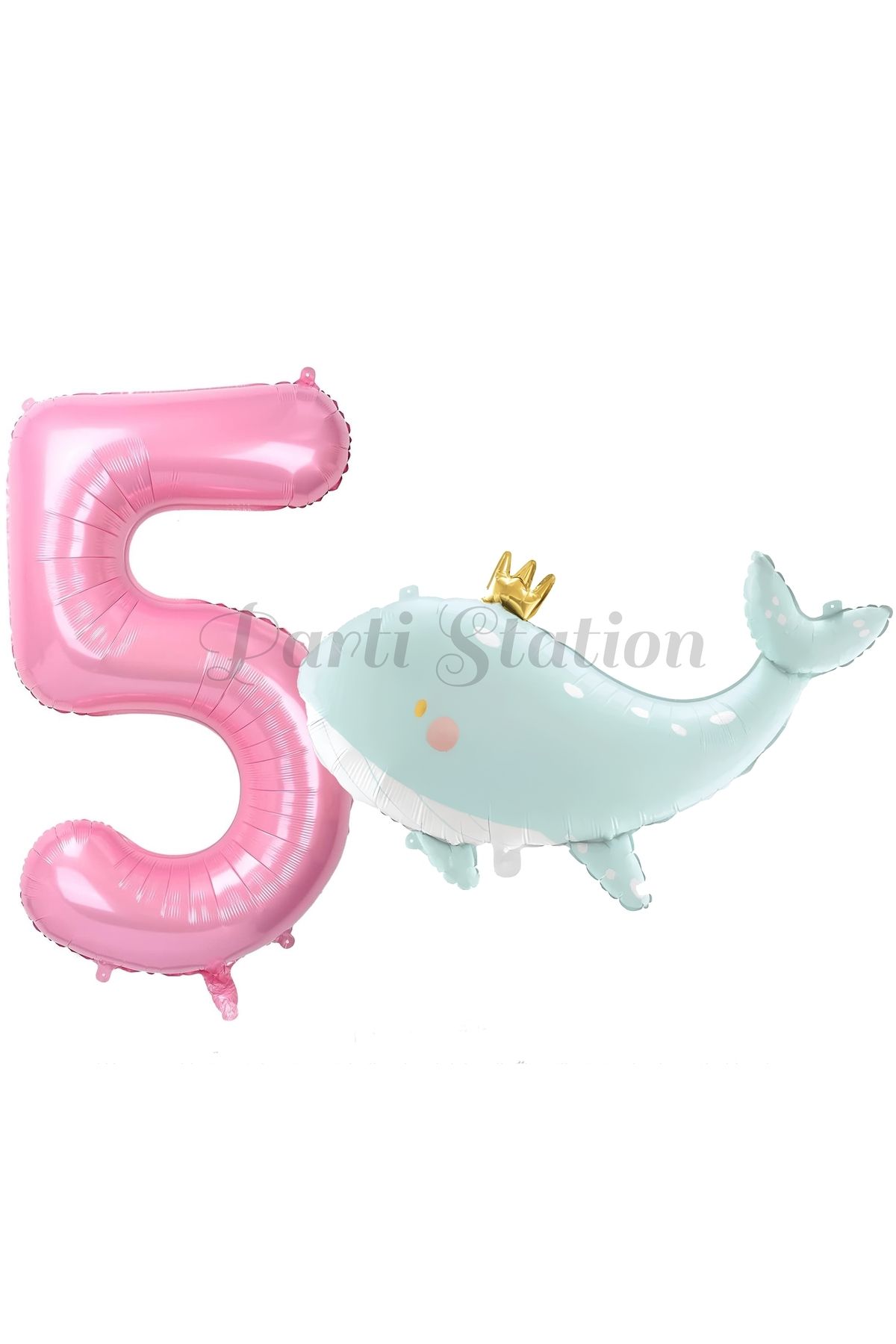 Partifest Sevimli Yeşil Balina 5 Yaş Balon Set Deniz Okyanus Canlıları Konsept Balon ve Pembe Rakam Balon