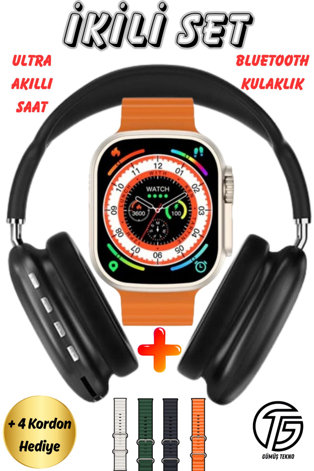 GÜMÜŞTEKNO Ultra Akıllı Saat + P9 Bluetooth Kulaklık Seti 4 Kordon Hediyeli iOS Android Uyumlu Arama Bildirim