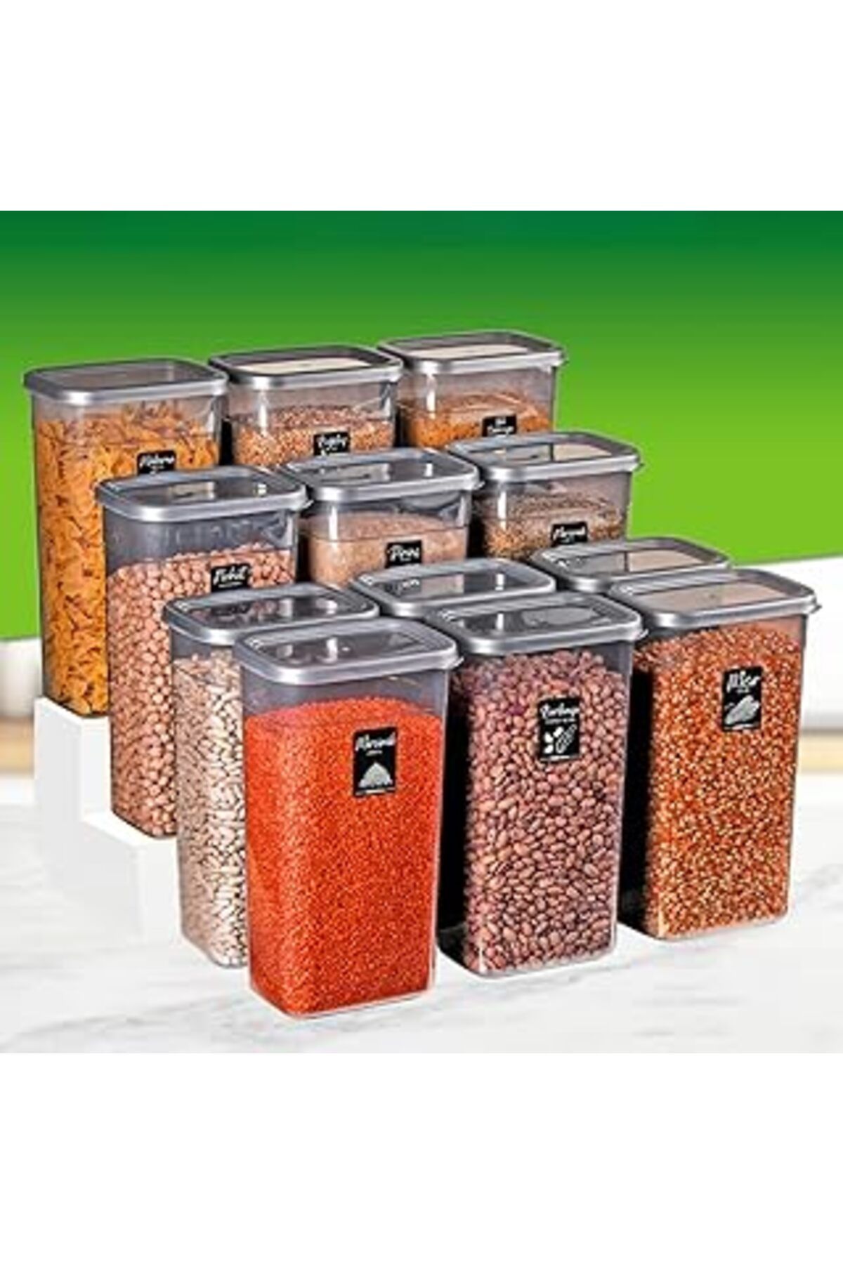 Mu Art Ahşap Welcomein 12 Adet 24 Parça 3,2 Litre 3200 Ml. Mega Boy Dikdörtgen Erzak Bakliyat Saklama Kabı Etike