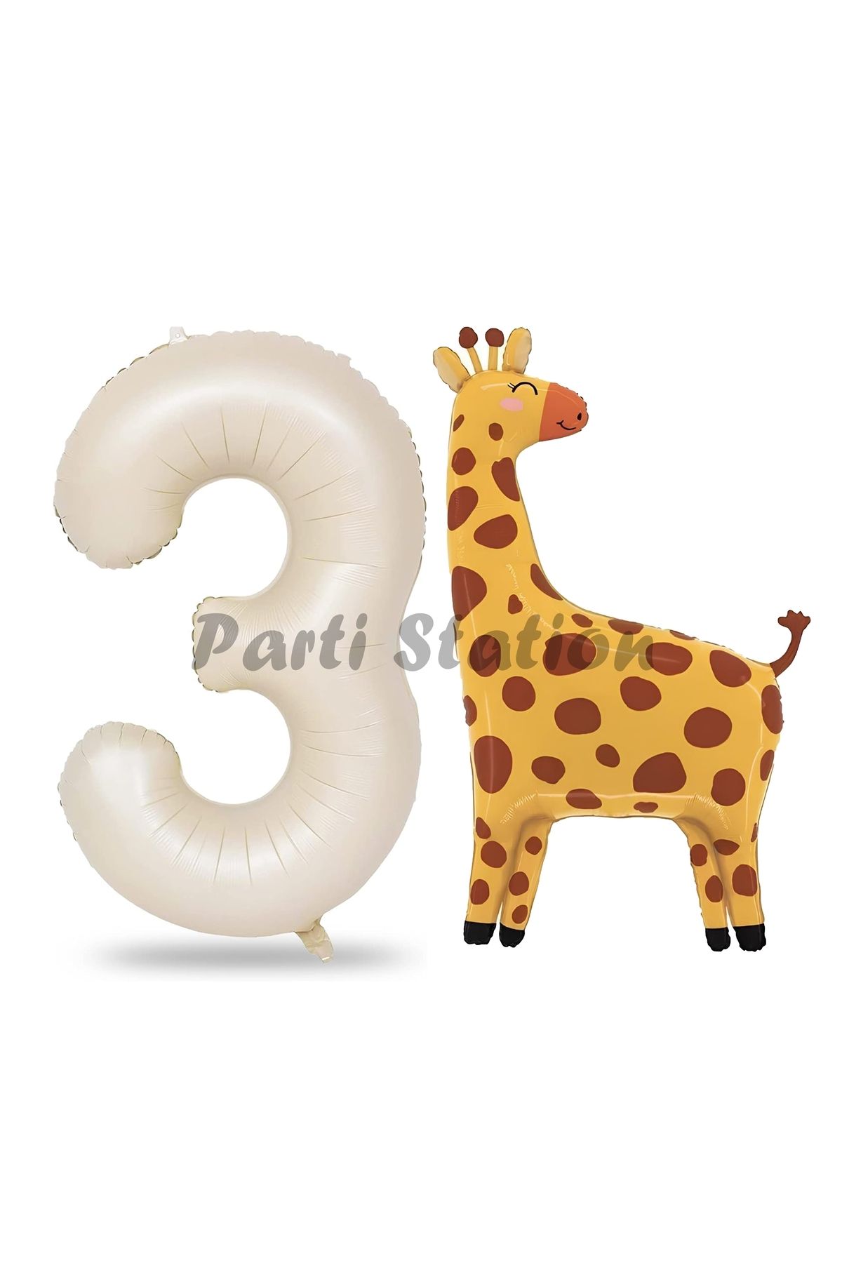 Partifest Safari Zürafa Balon 3 Yaş Balon Set Safari Konsept Sevimli Zürafa Balon ve Krem Renk Rakam Balon
