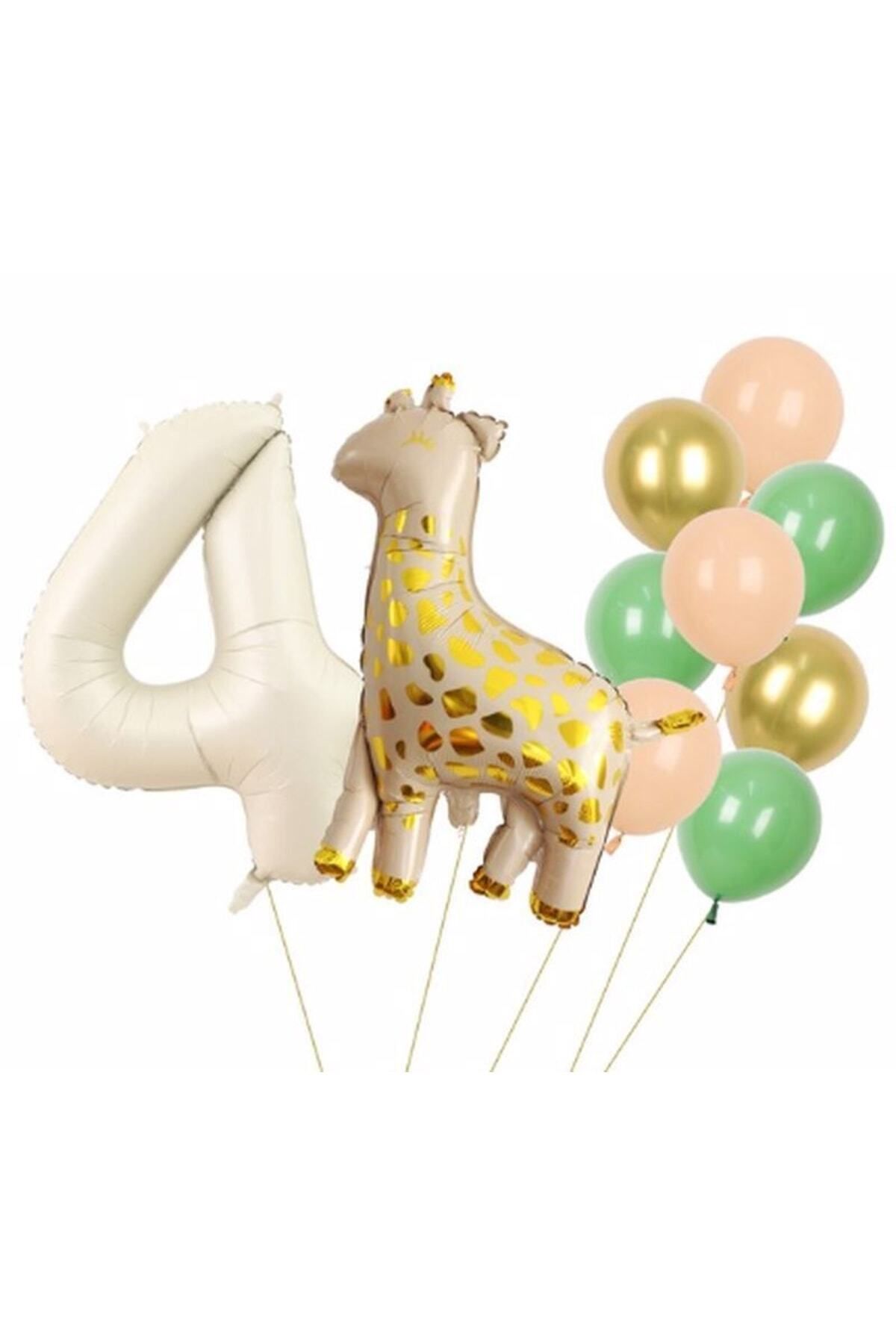 Partifest Zürafa 4 Yaş Balon Set Yıldız Balon Folyo Set Konsept Doğum Günü Set Yaş Balon Set