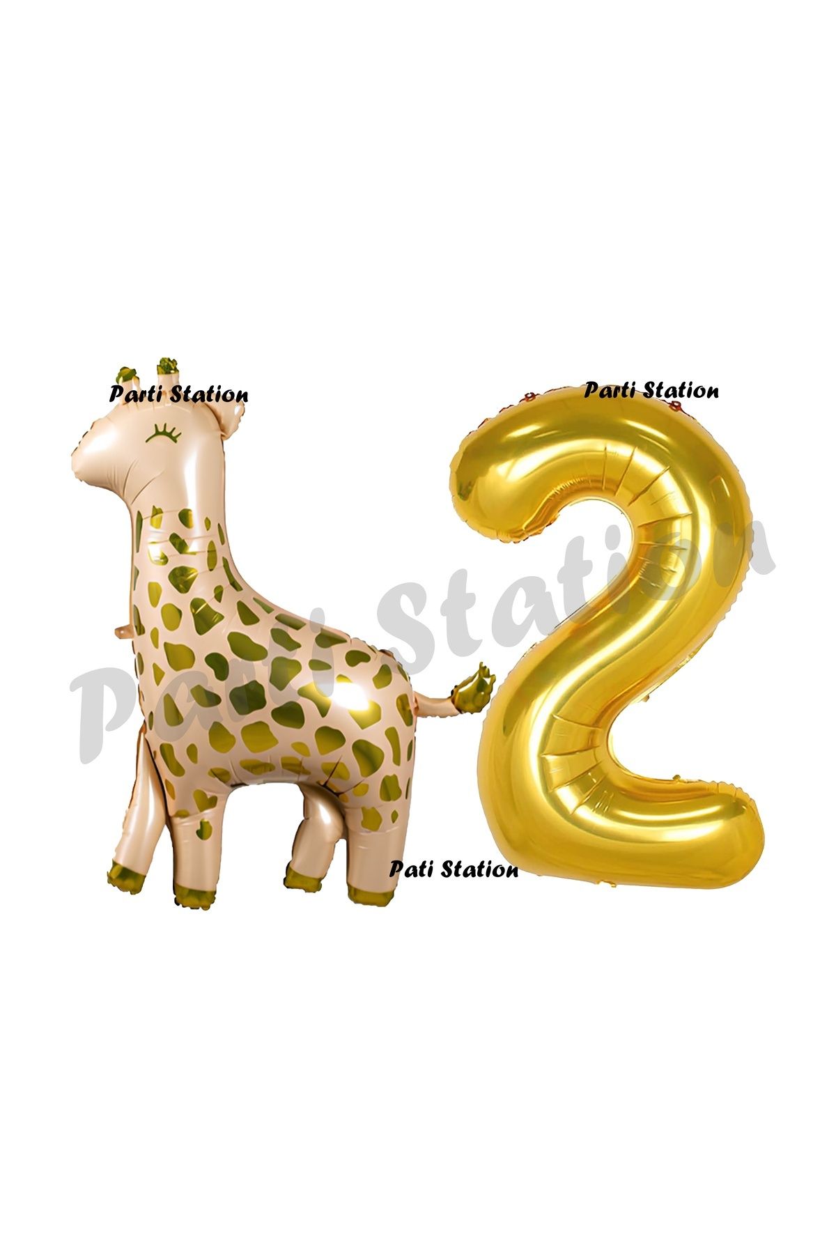 Partifest Safari Zürafa 2 Yaş Balon Set Sevimli Zürafa ve Gold Rakam Balon Doğum Günü Set