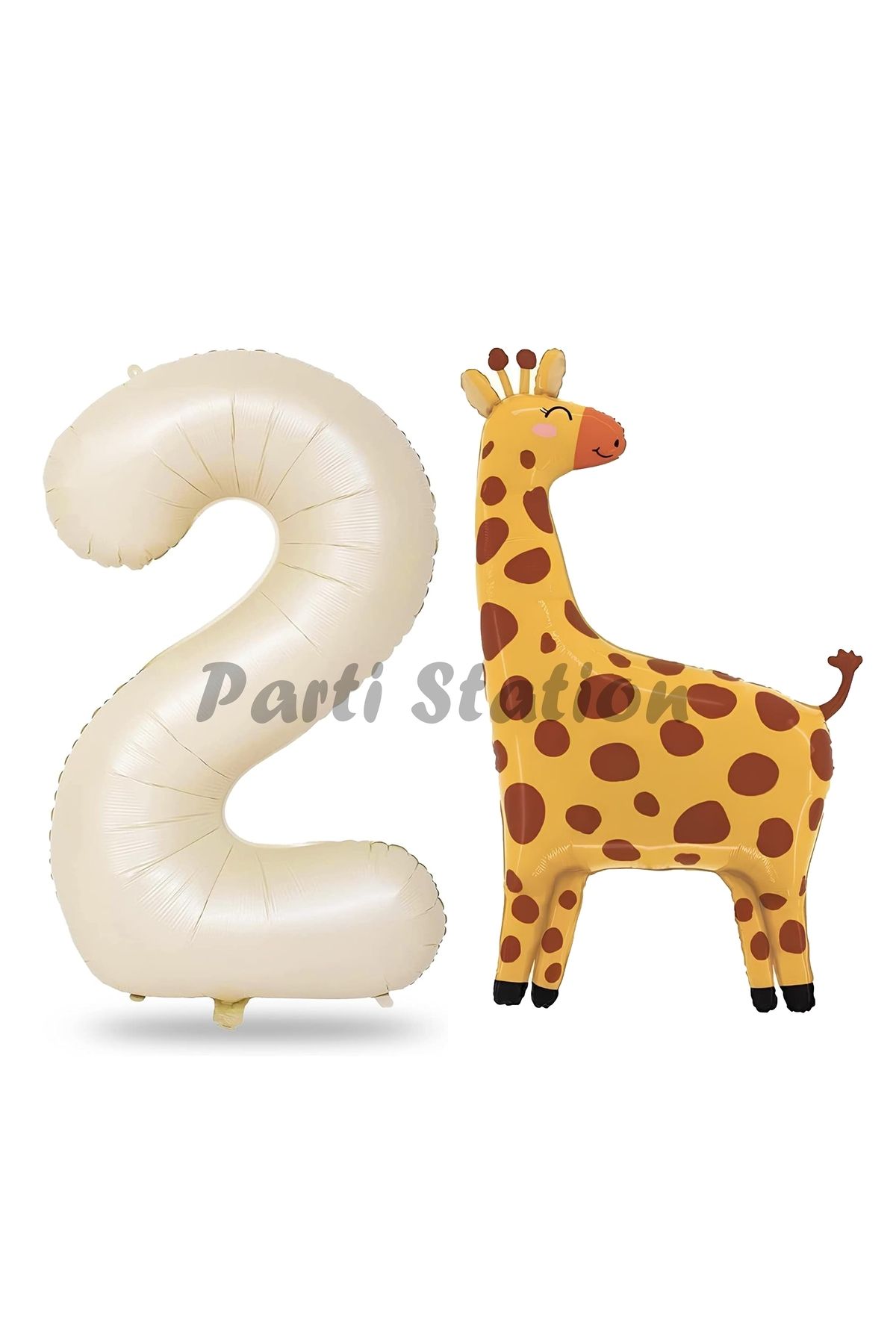 Partifest Safari Zürafa Balon 2 Yaş Balon Set Safari Konsept Sevimli Zürafa Balon ve Krem Renk Rakam Balon