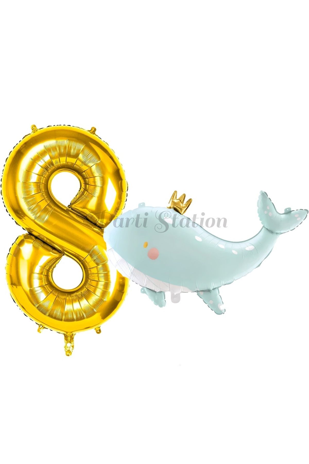 Partifest Sevimli Yeşil Balina 8 Yaş Balon Set Deniz Okyanus Canlıları Konsept Balon ve Gold Rakam Balon