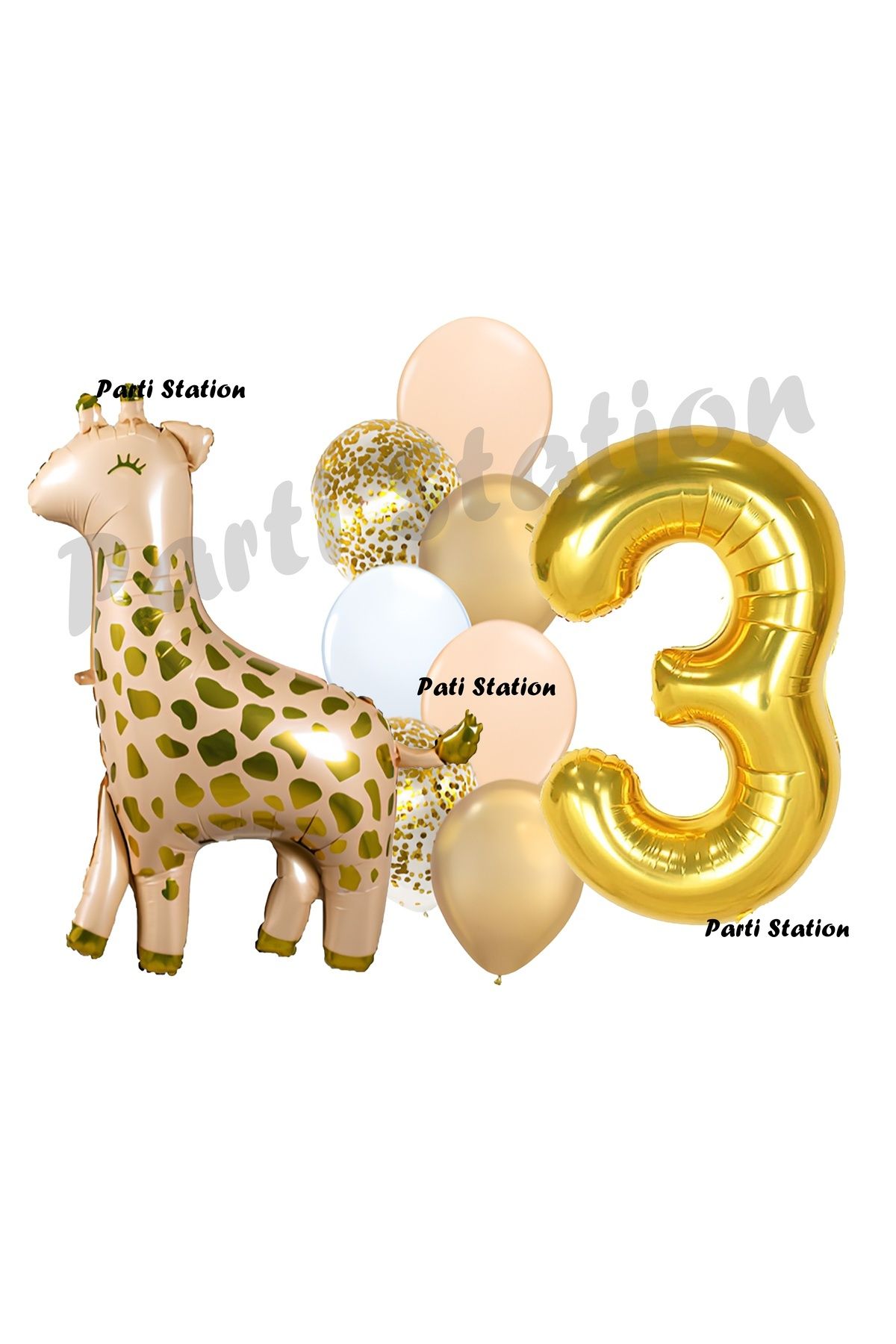 Partifest Zürafa Balon Set Safari Zürafa 3 Yaş Balon Set Sevimli Zürafa ve Gold Rakam Balon Doğum Günü Set