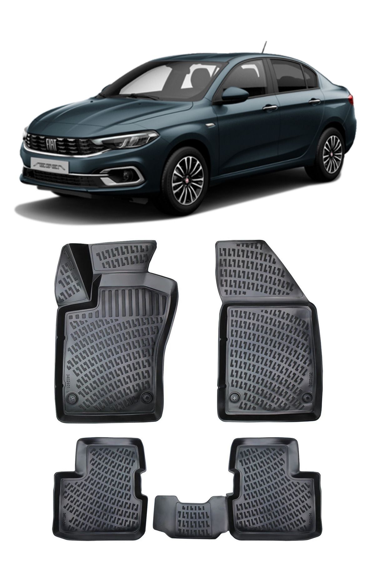 Sosyal Çarşı FİAT EGEA SEDAN 2015-2025 ARACA ÖZEL KLİPSLİ ORİJİNAL KALIP 4 CM HAVUZLU KAUÇUK PASPAS SETİ KOKUSUZ